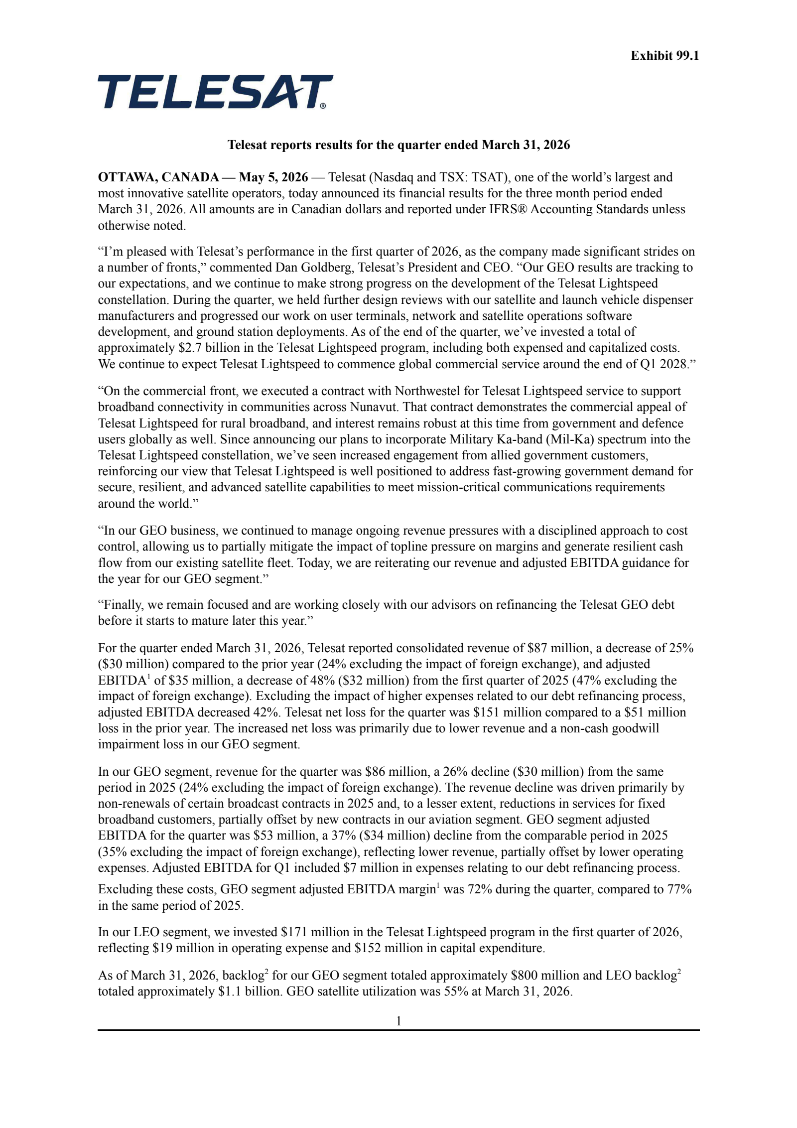 Telesat's Q1 2026 Press Release