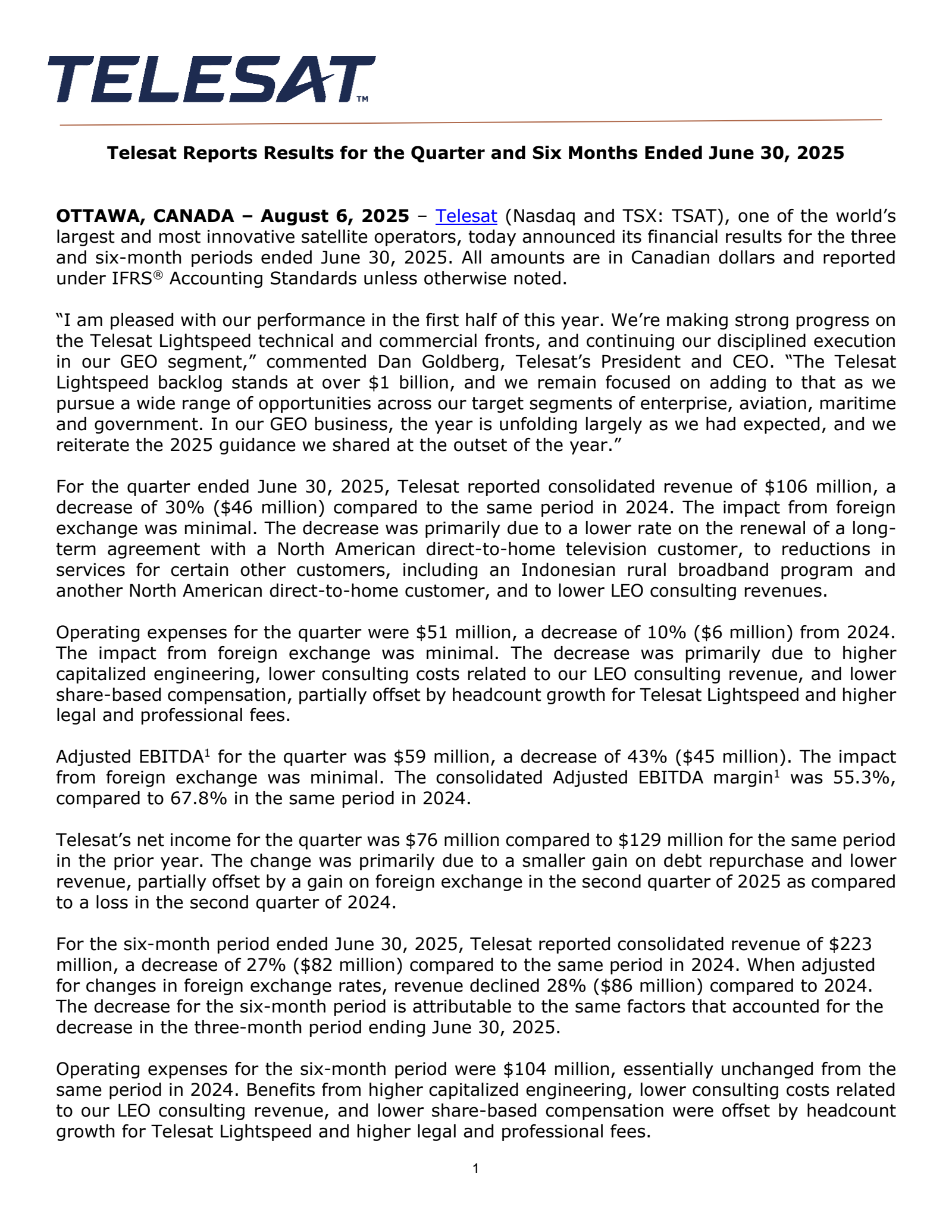 Telesat's Q2 2025 Press Release