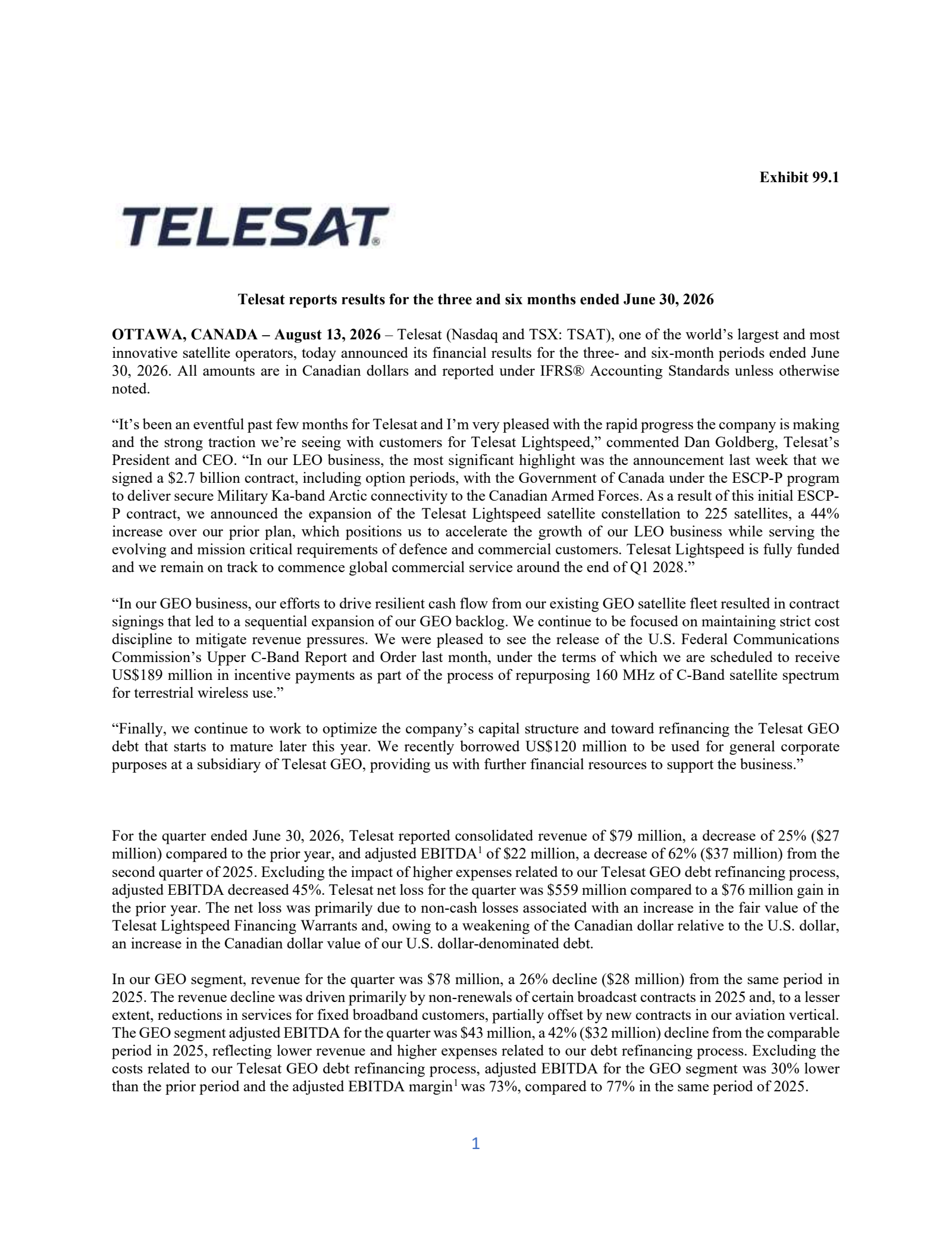 Telesat's Q2 2026 Press Release