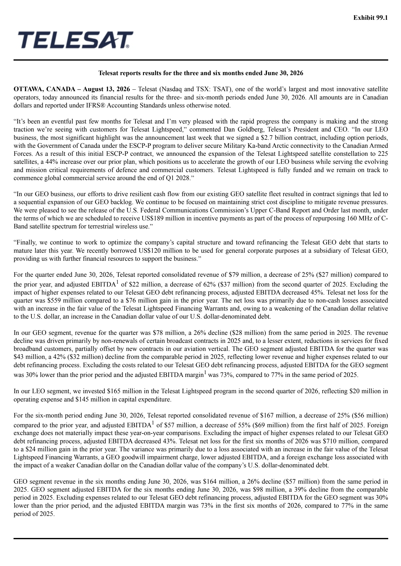 Telesat's Q2 2026 Press Release