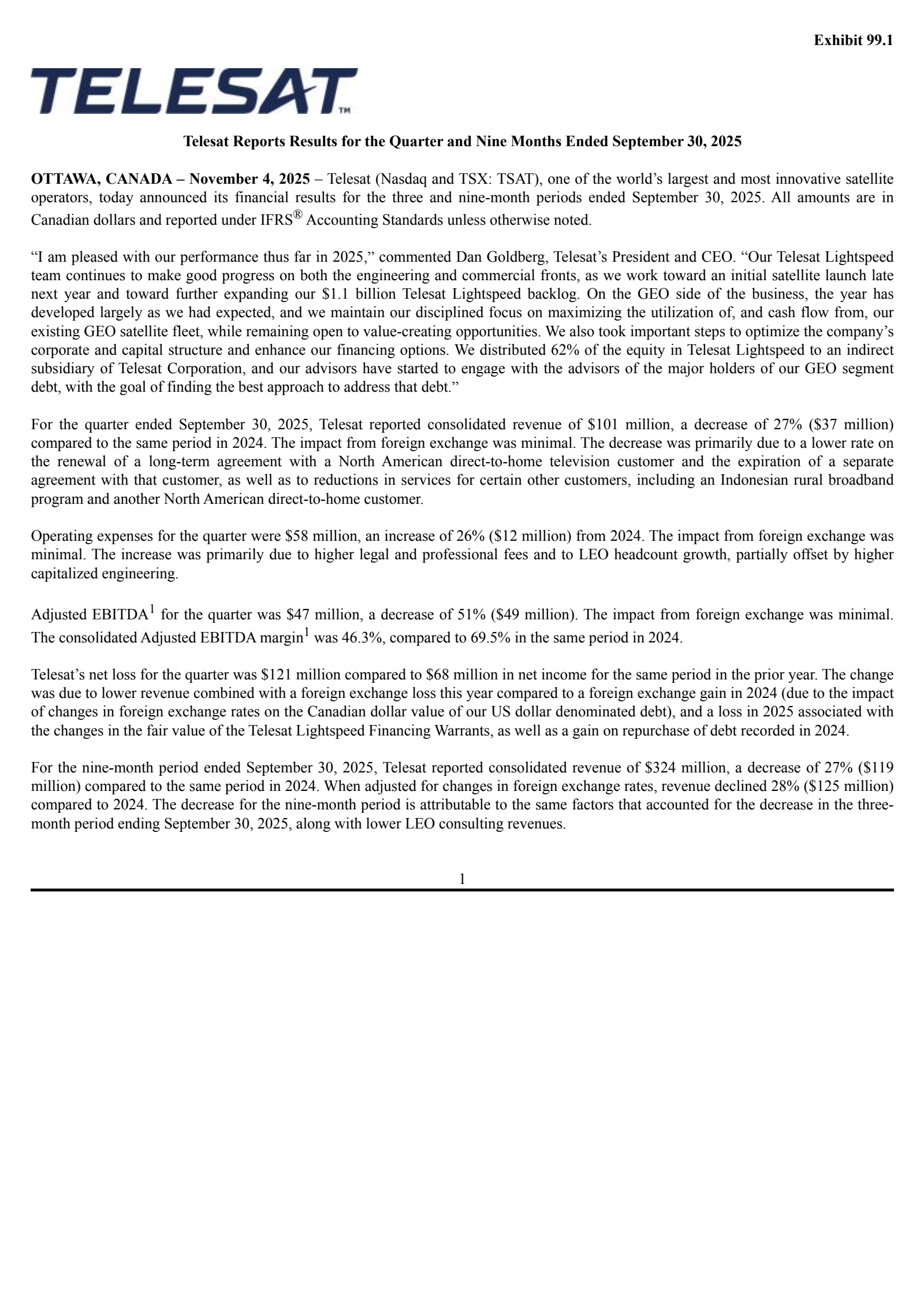 Telesat's Q3 2025 Earnings Release