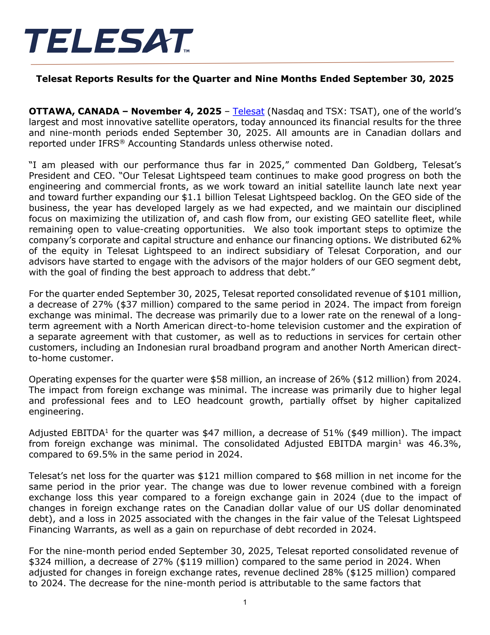 Telesat's Q3 2025 Earnings Release
