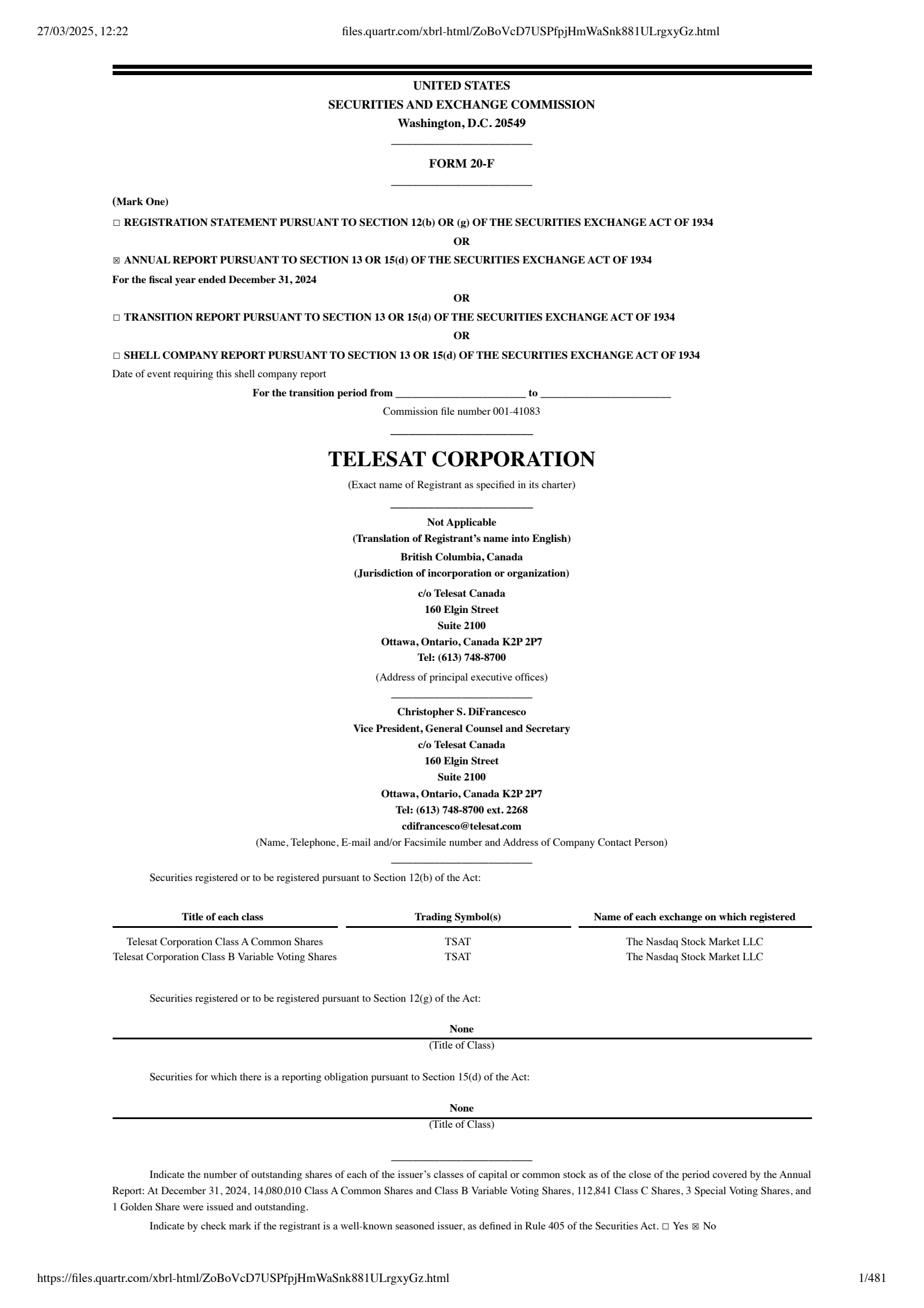 Telesat's Q4 2024 Annual report