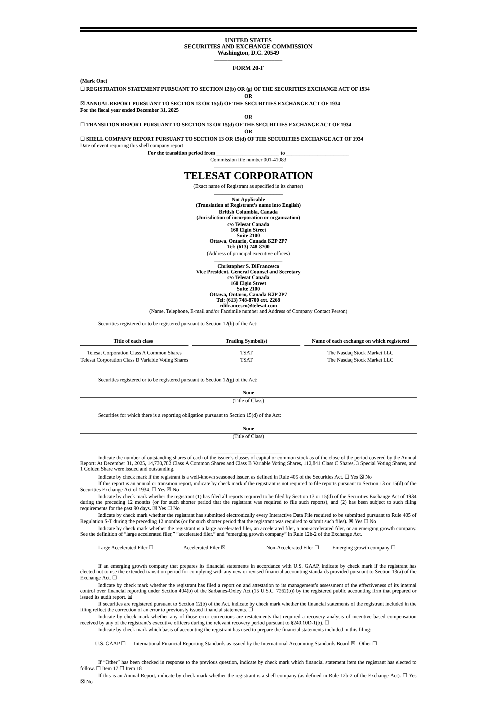 Telesat's Q4 2025 Annual report