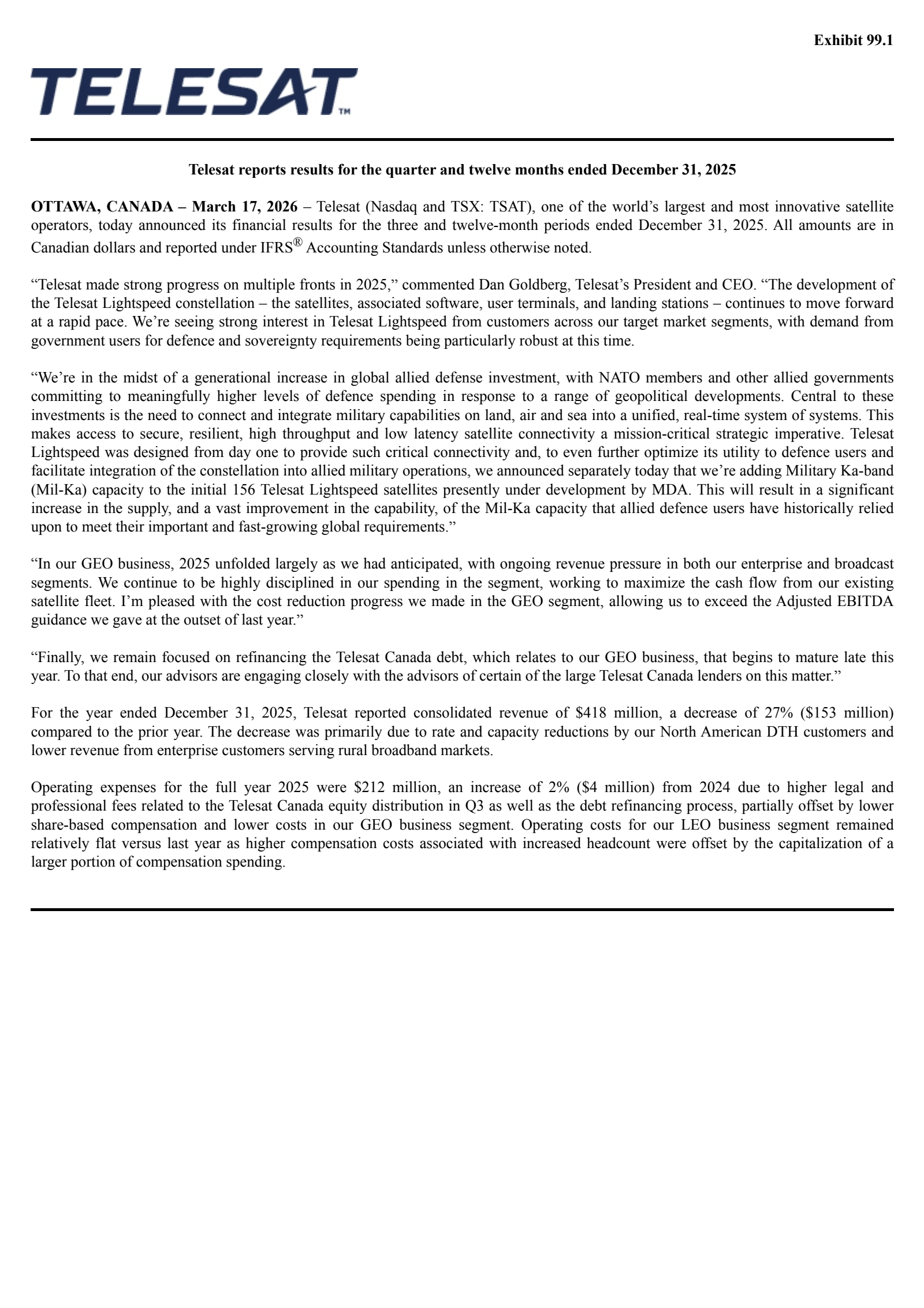 Telesat's Q4 2025 Press Release