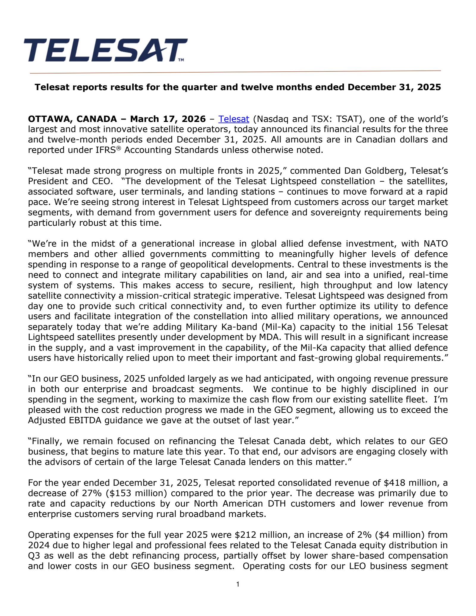 Telesat's Q4 2025 Press Release