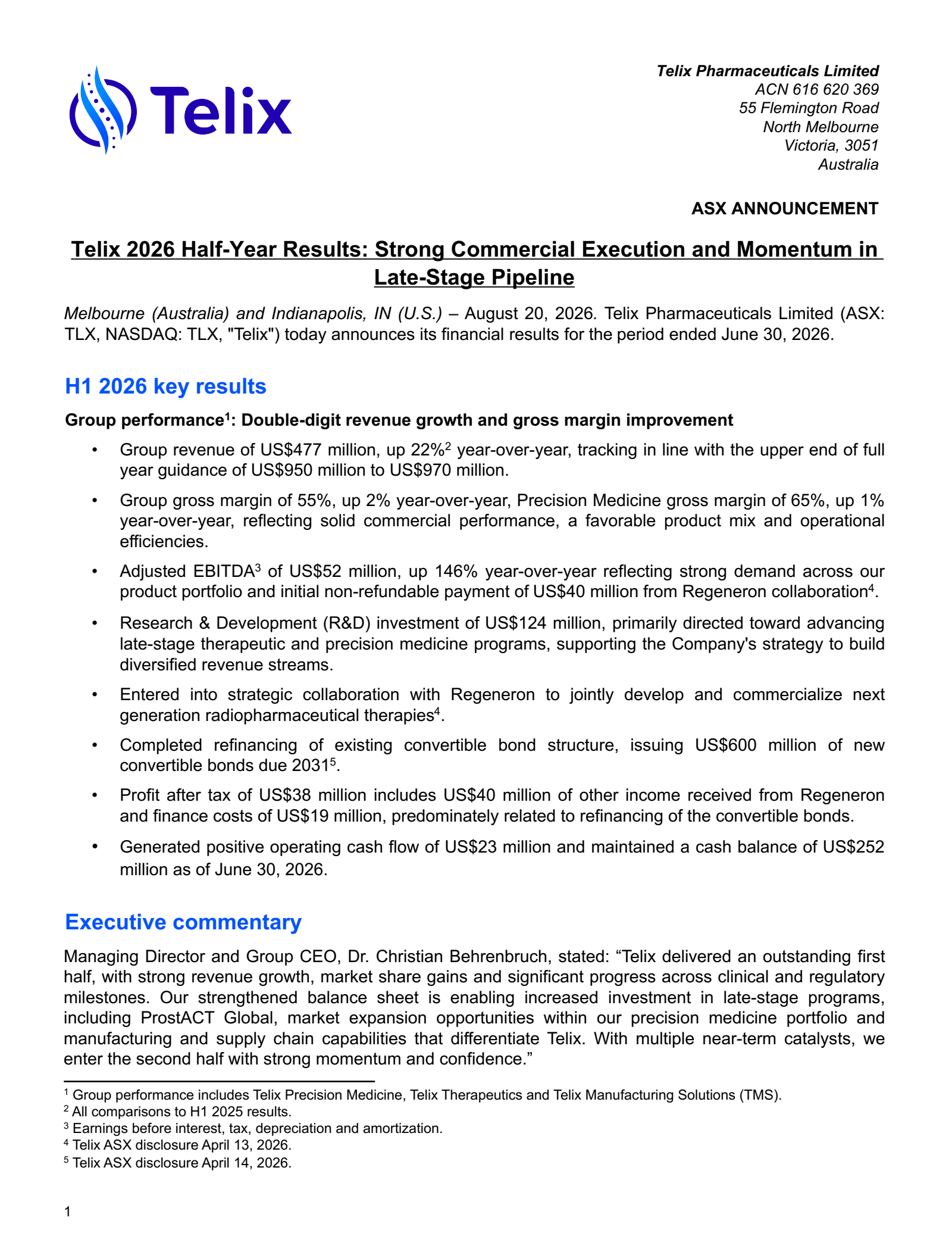 Telix Pharmaceuticals' H1 2026 Press Release