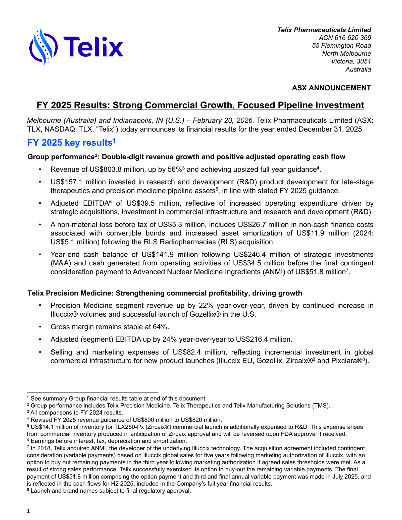 Telix Pharmaceuticals' H2 2025 Press Release