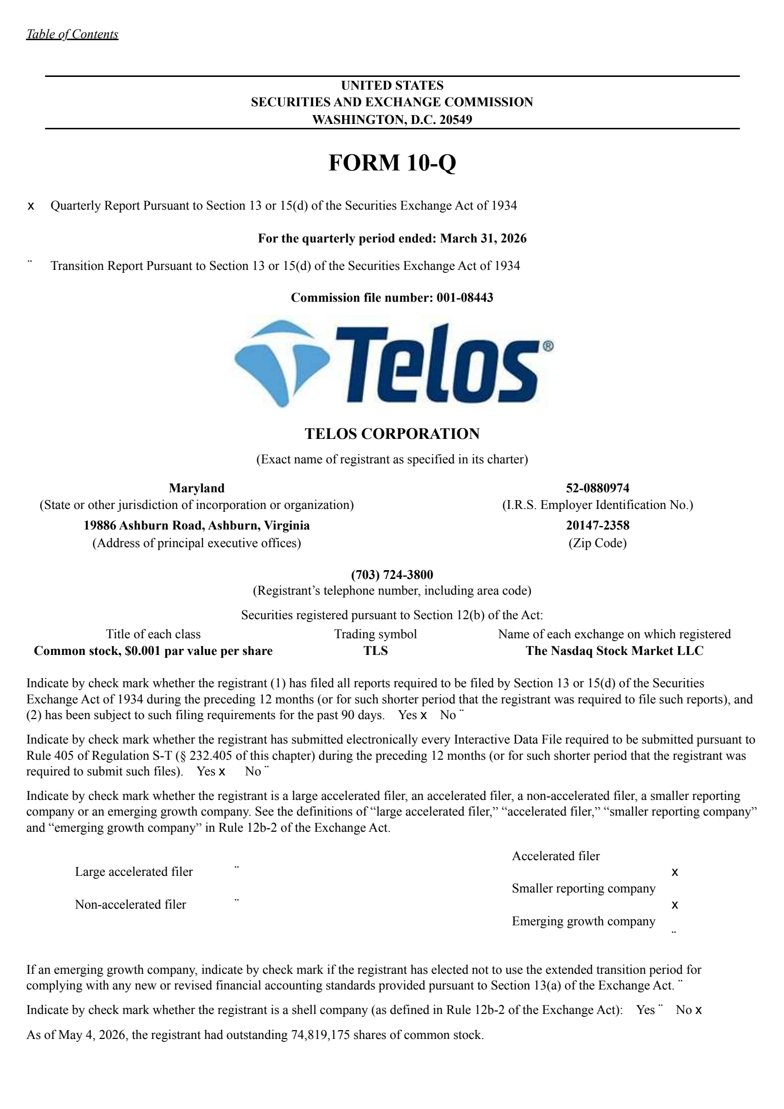 Telos' Q1 2026 Quarterly report