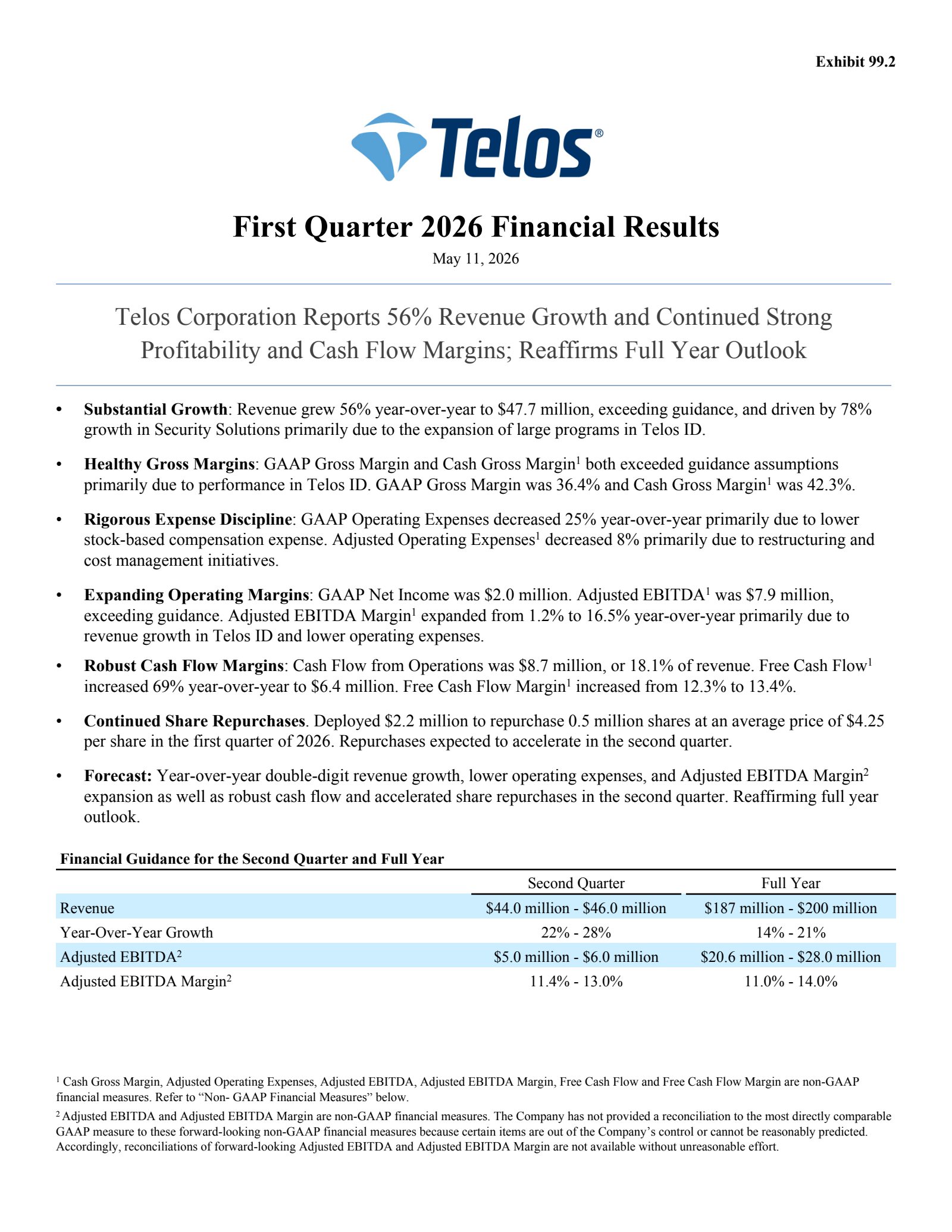 Telos' Q1 2026 Press Release