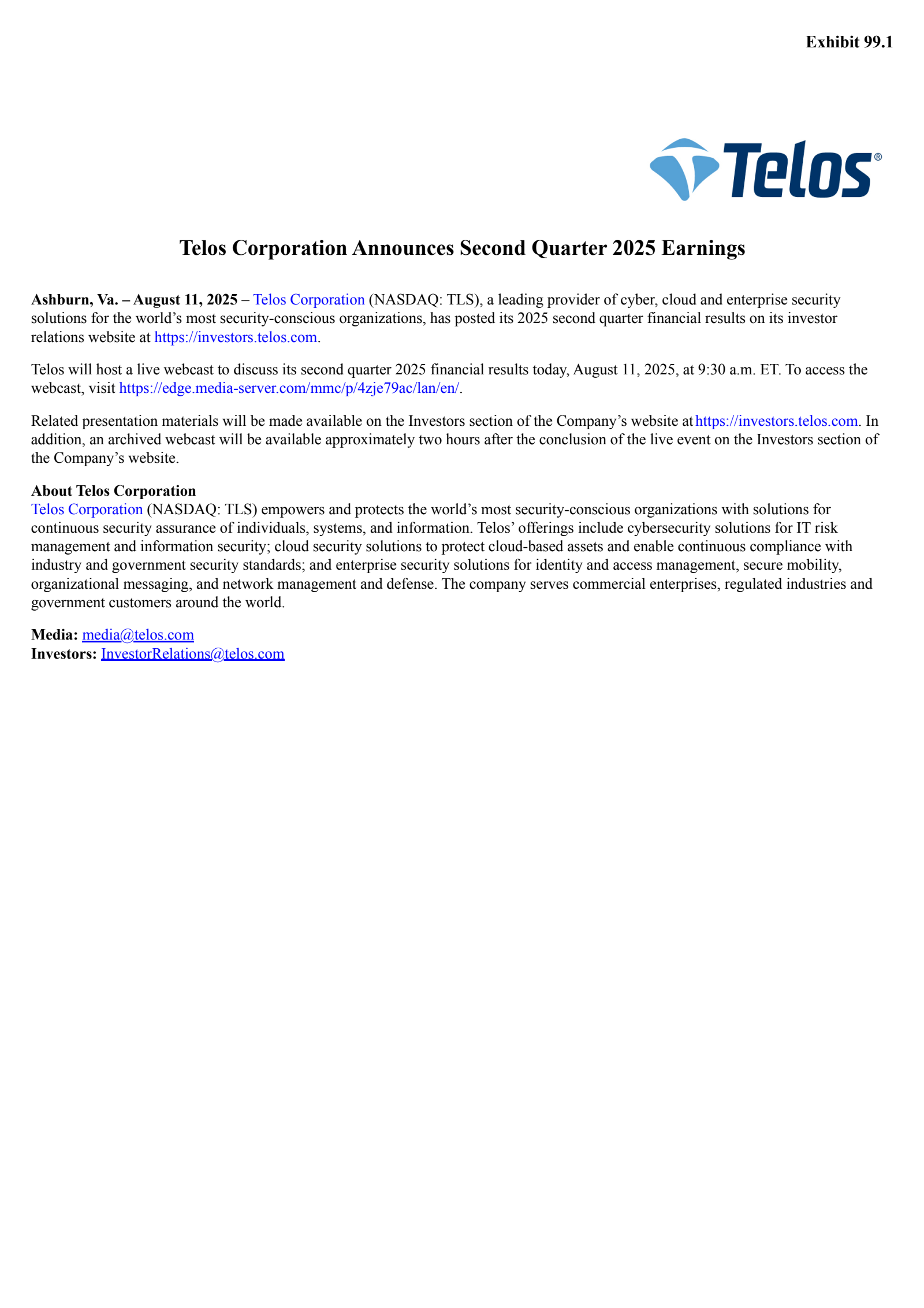 Telos' Q2 2025 Press Release