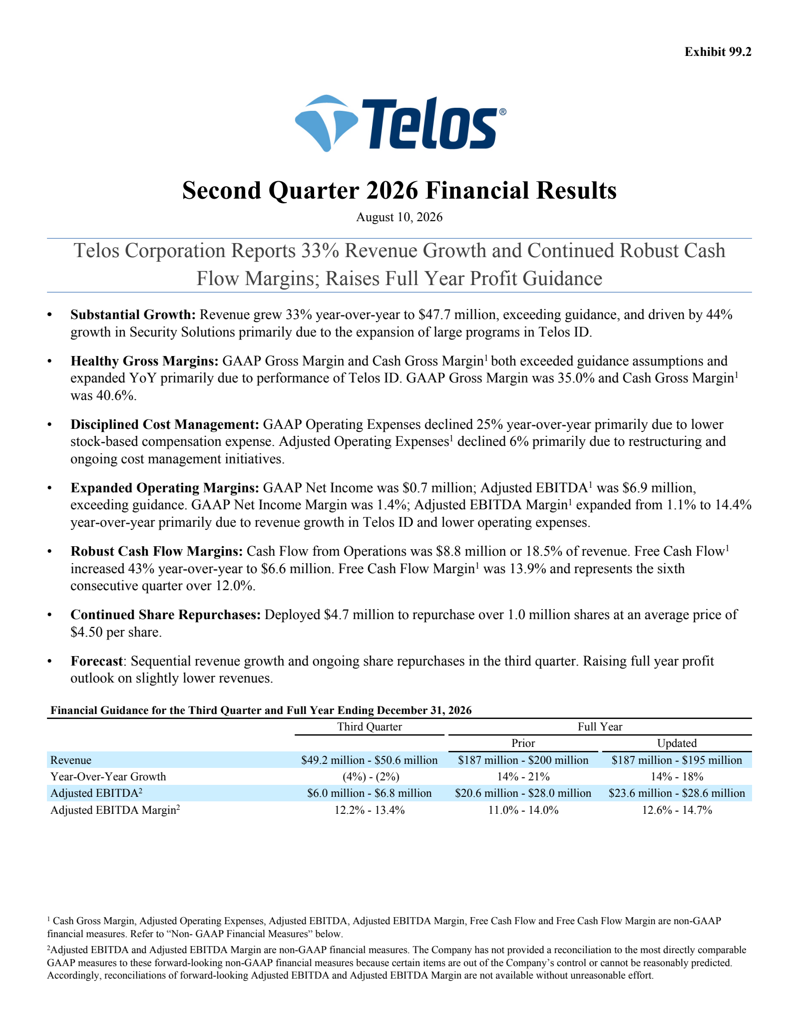 Telos' Q2 2026 Press Release