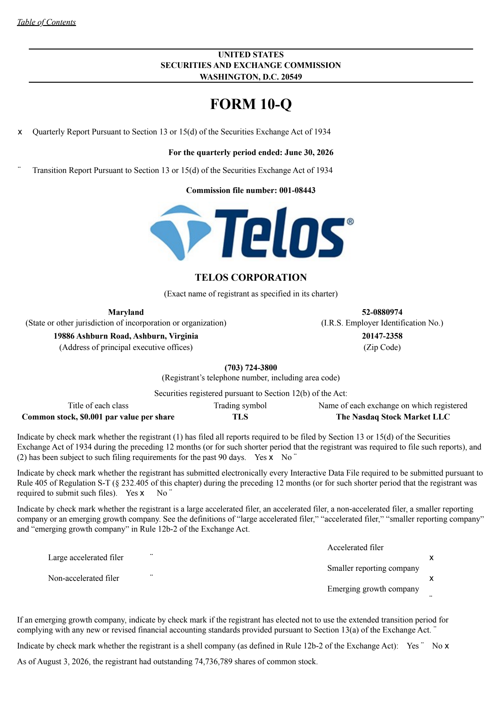 Telos' Q2 2026 Quarterly report