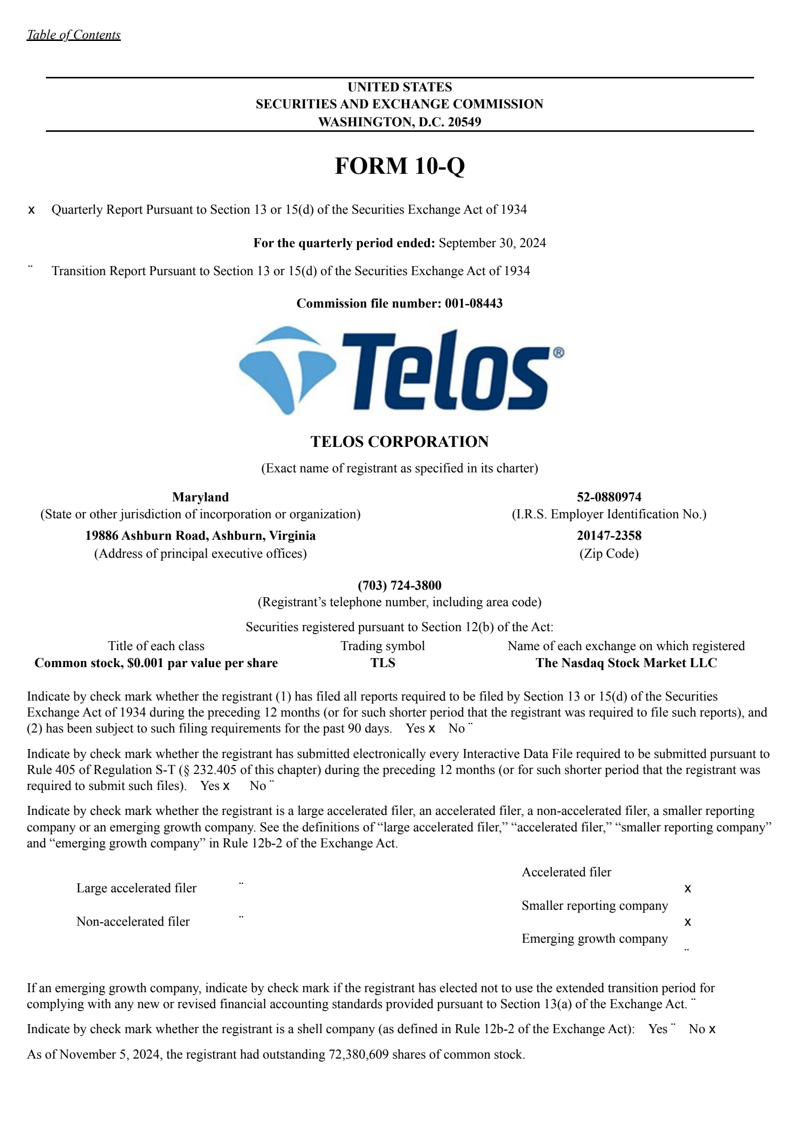 Telos' Q3 2024 Quarterly report