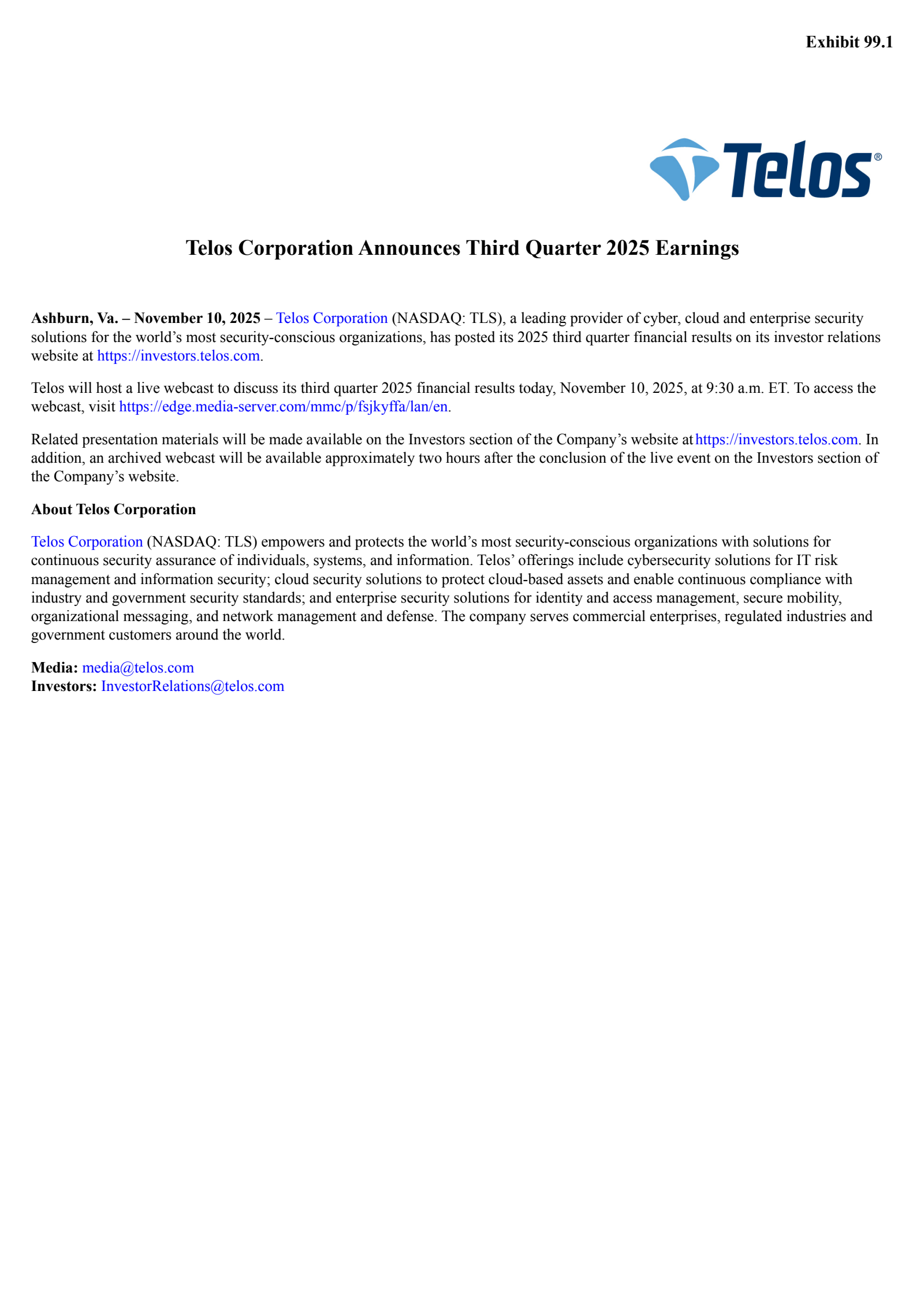 Telos' Q3 2025 Earnings Release
