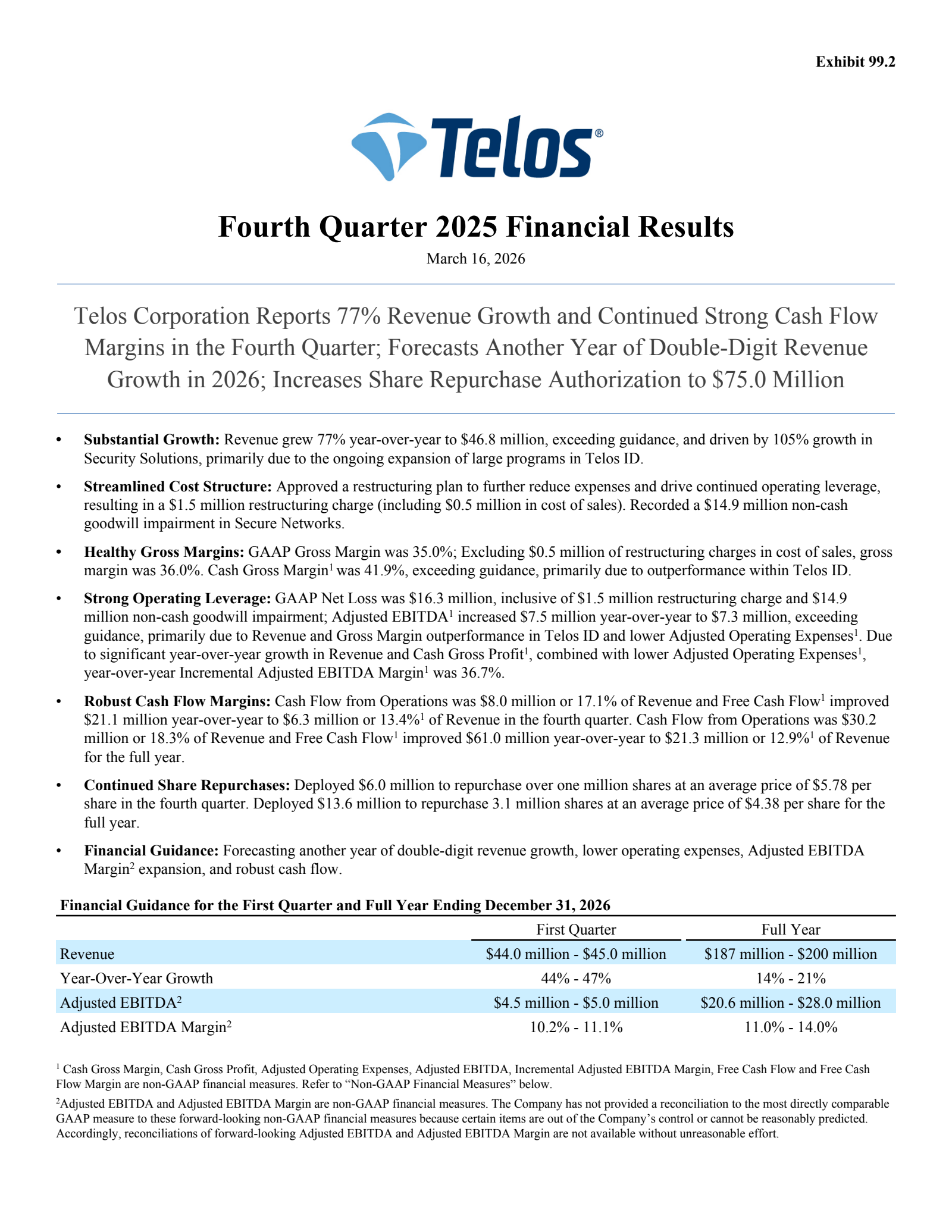Telos' Q4 2025 Press Release