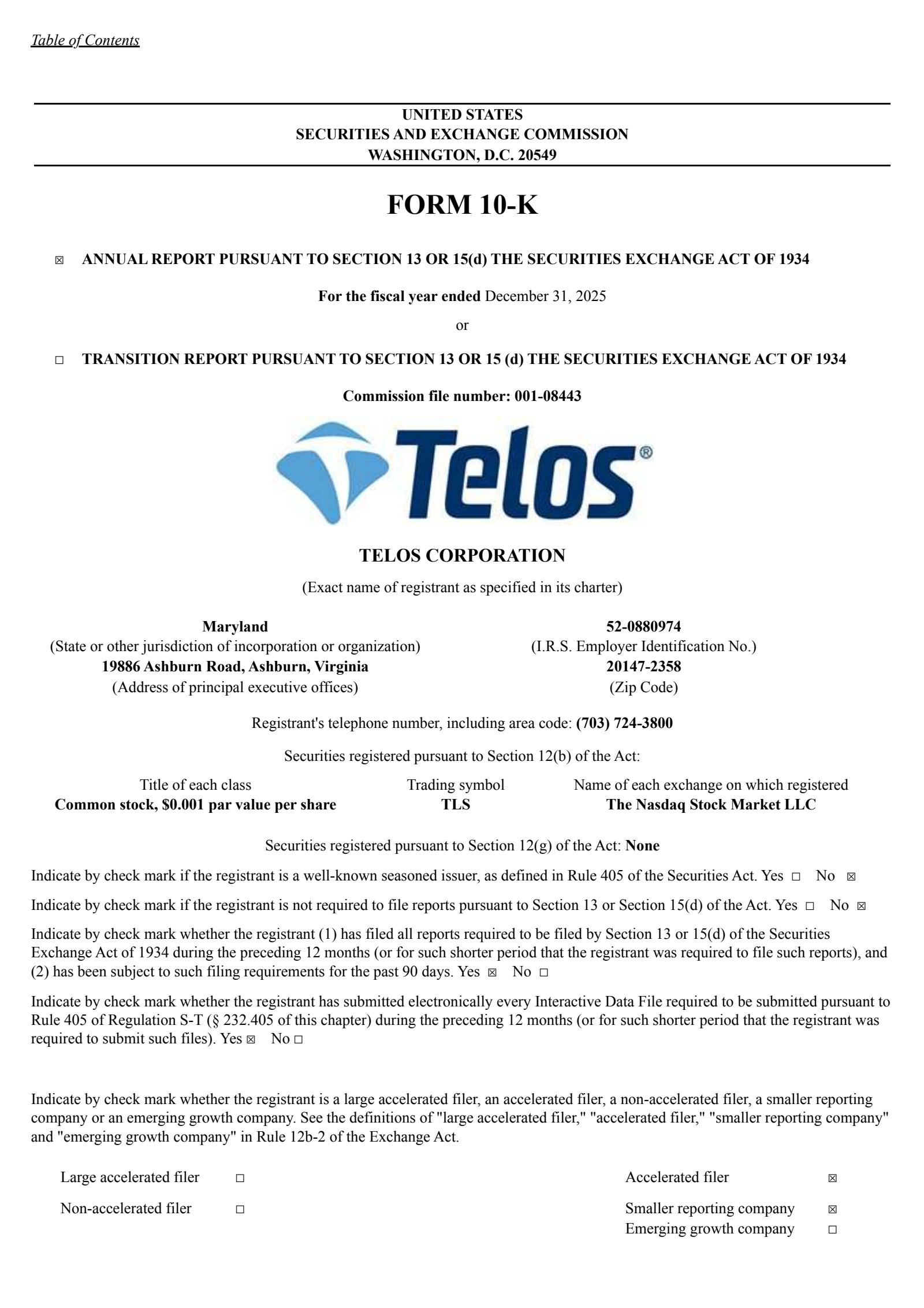 Telos' Q4 2025 Annual report