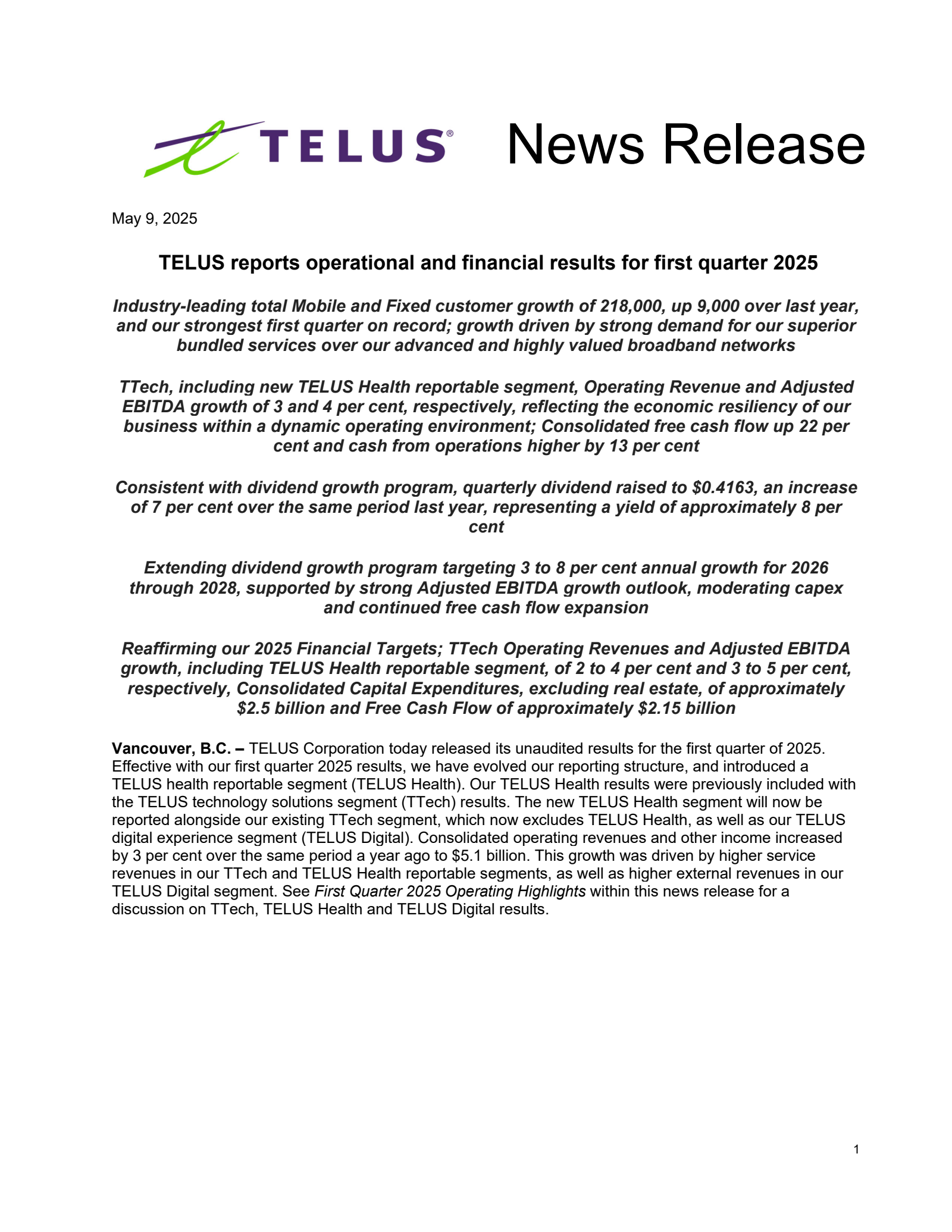 TELUS's Q1 2025 Press Release