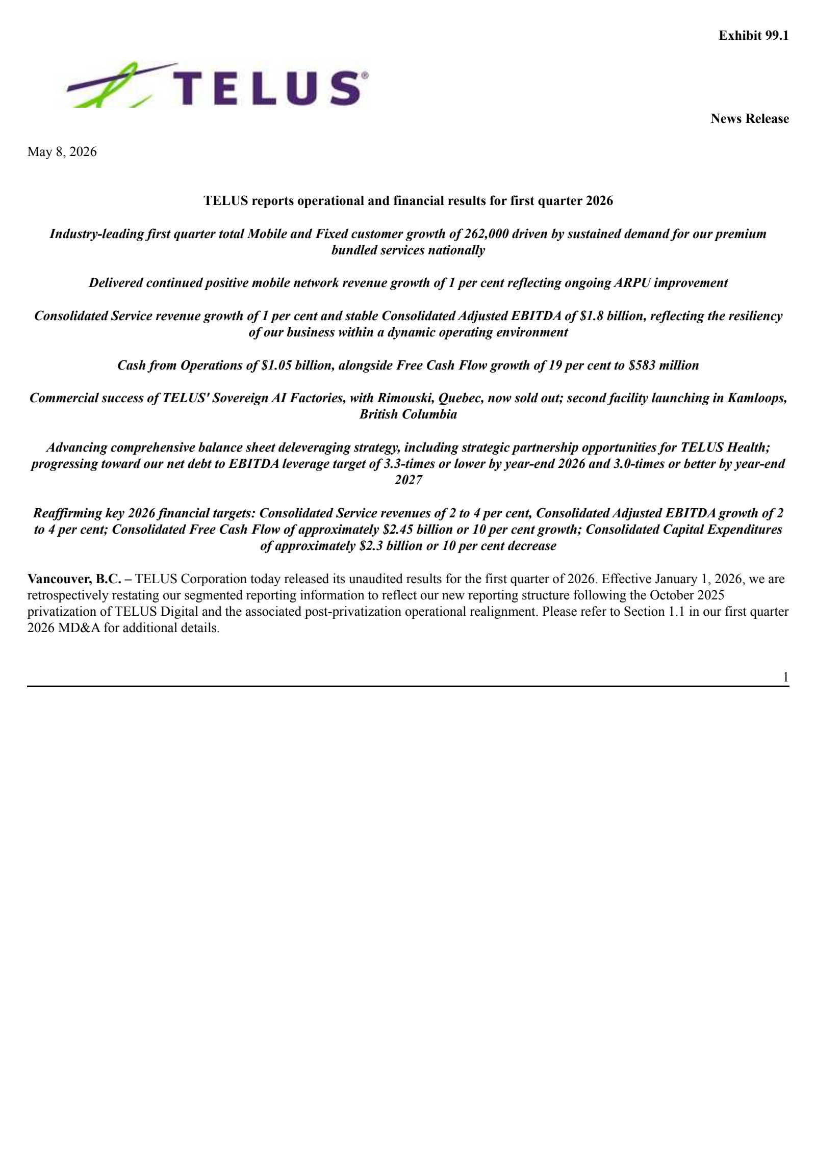 TELUS's Q1 2026 Press Release