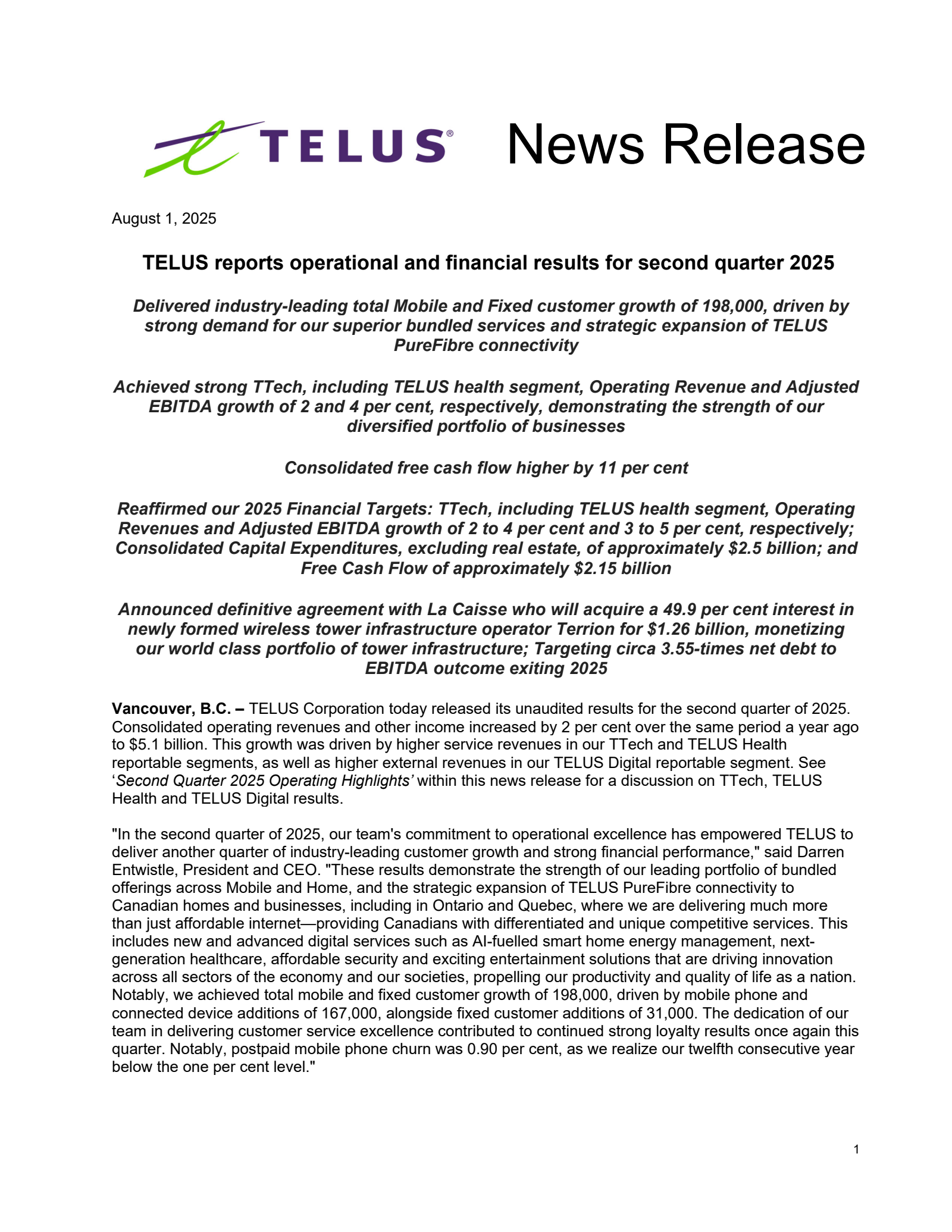 TELUS's Q2 2025 Press Release