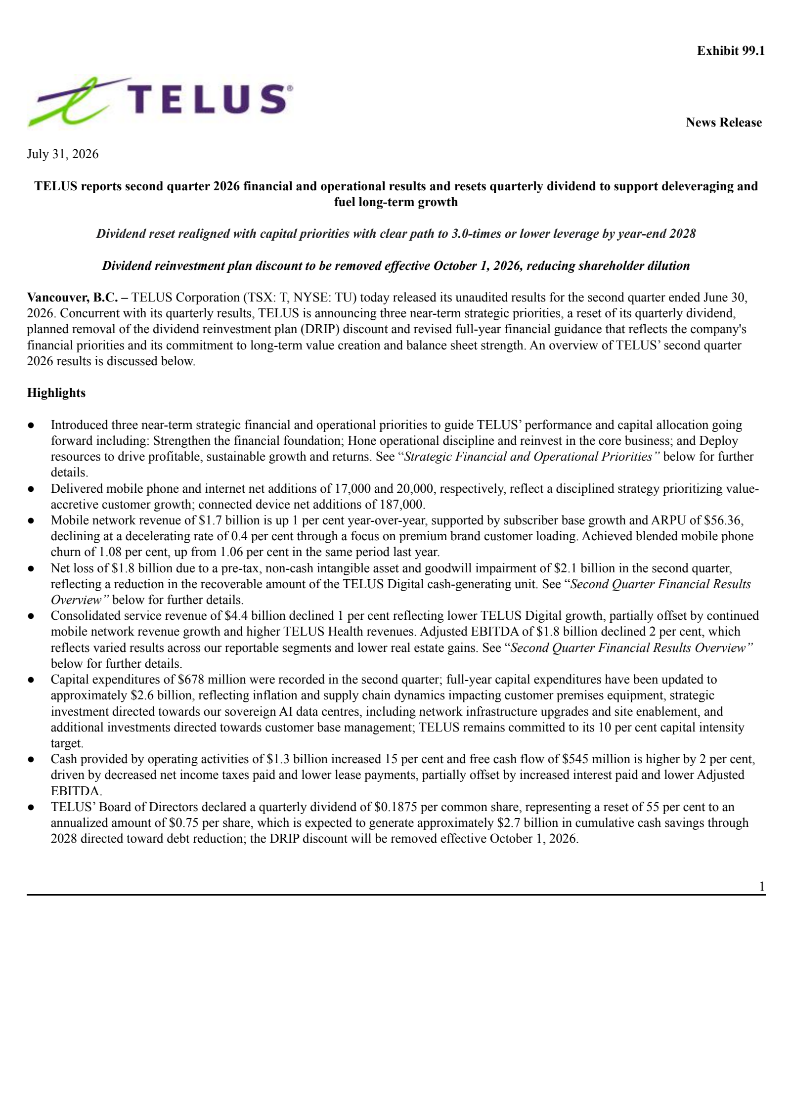 TELUS's Q2 2026 Press Release