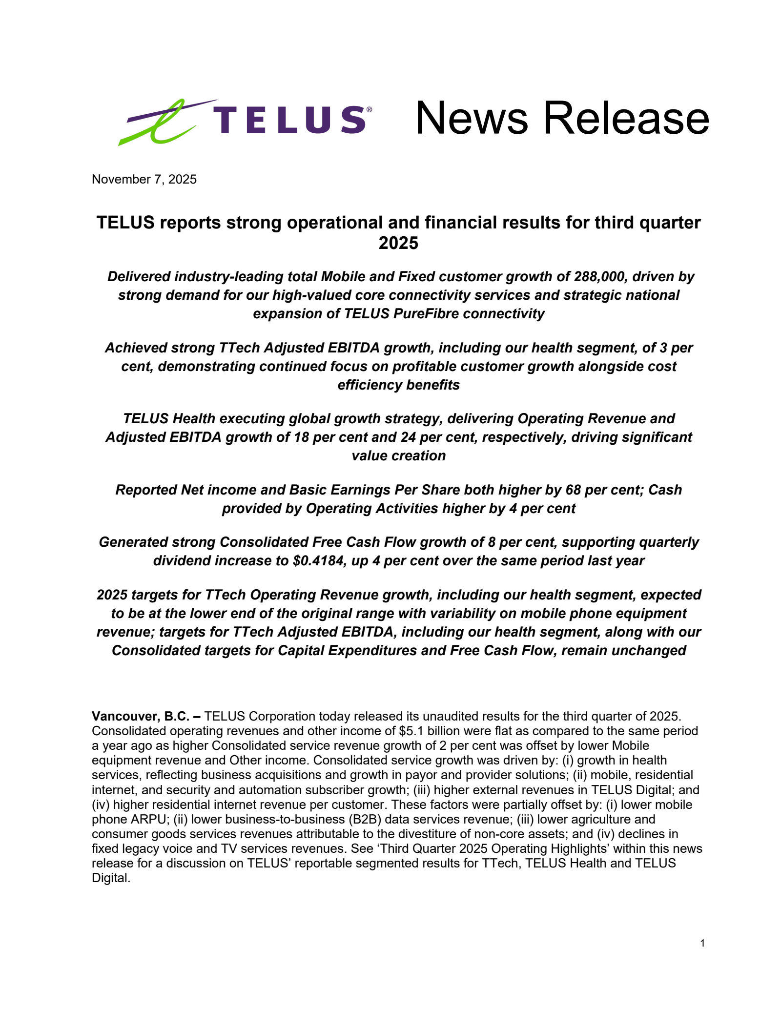 TELUS's Q3 2025 Earnings Release