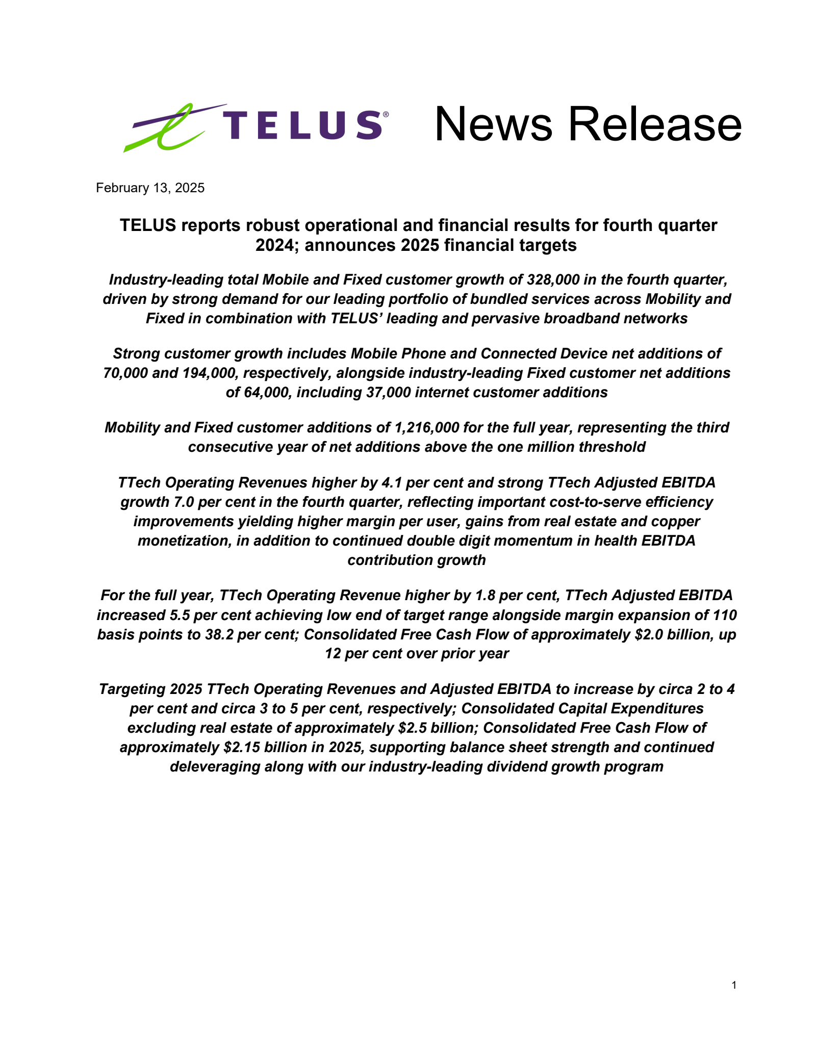 TELUS's Q4 2024 Press Release