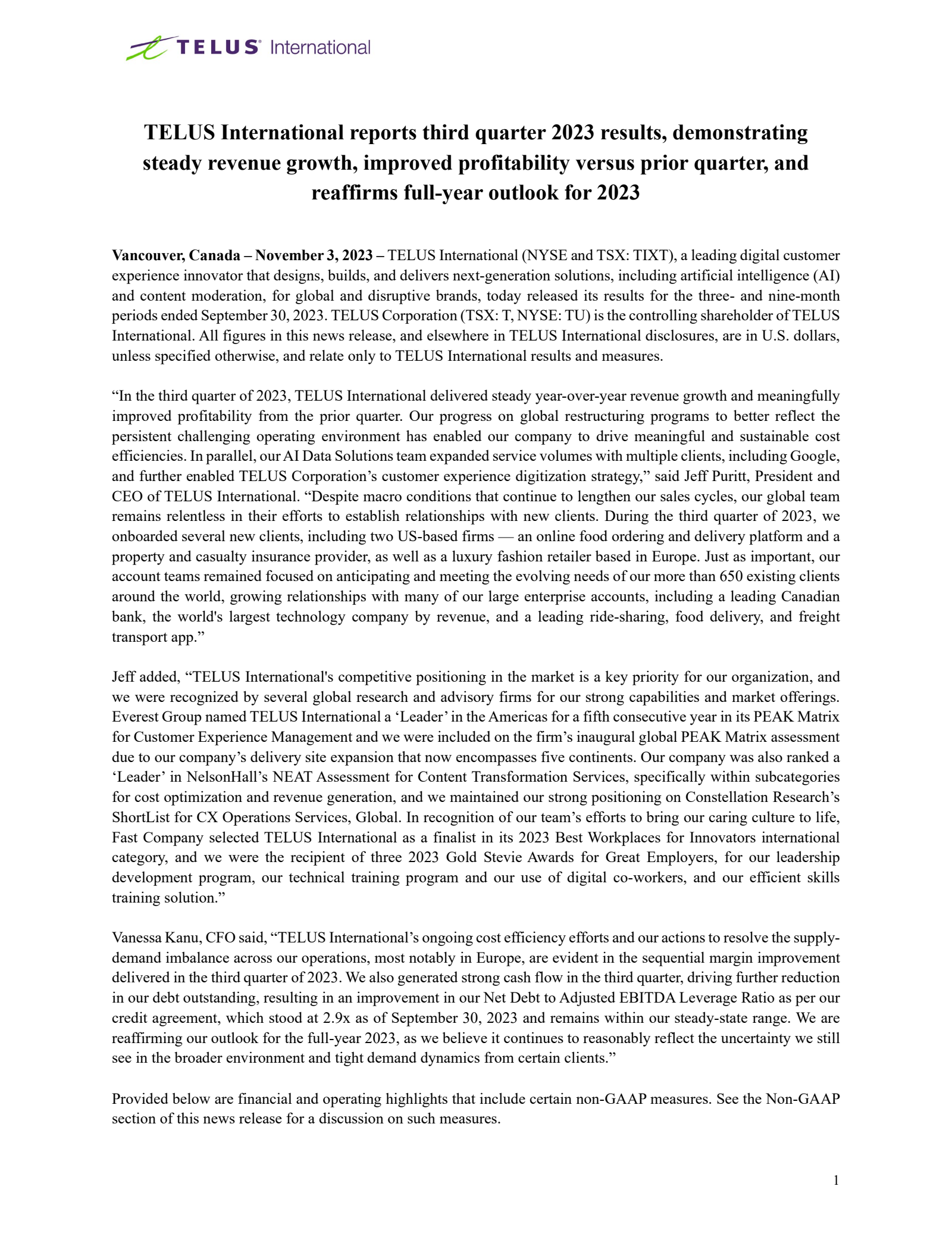 Telus Digital's Q3 2023 Interim report