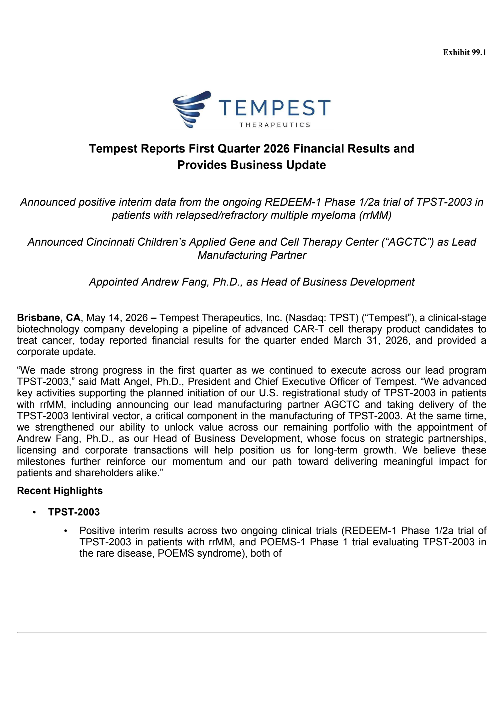 Tempest Therapeutics' Q1 2026 Press Release