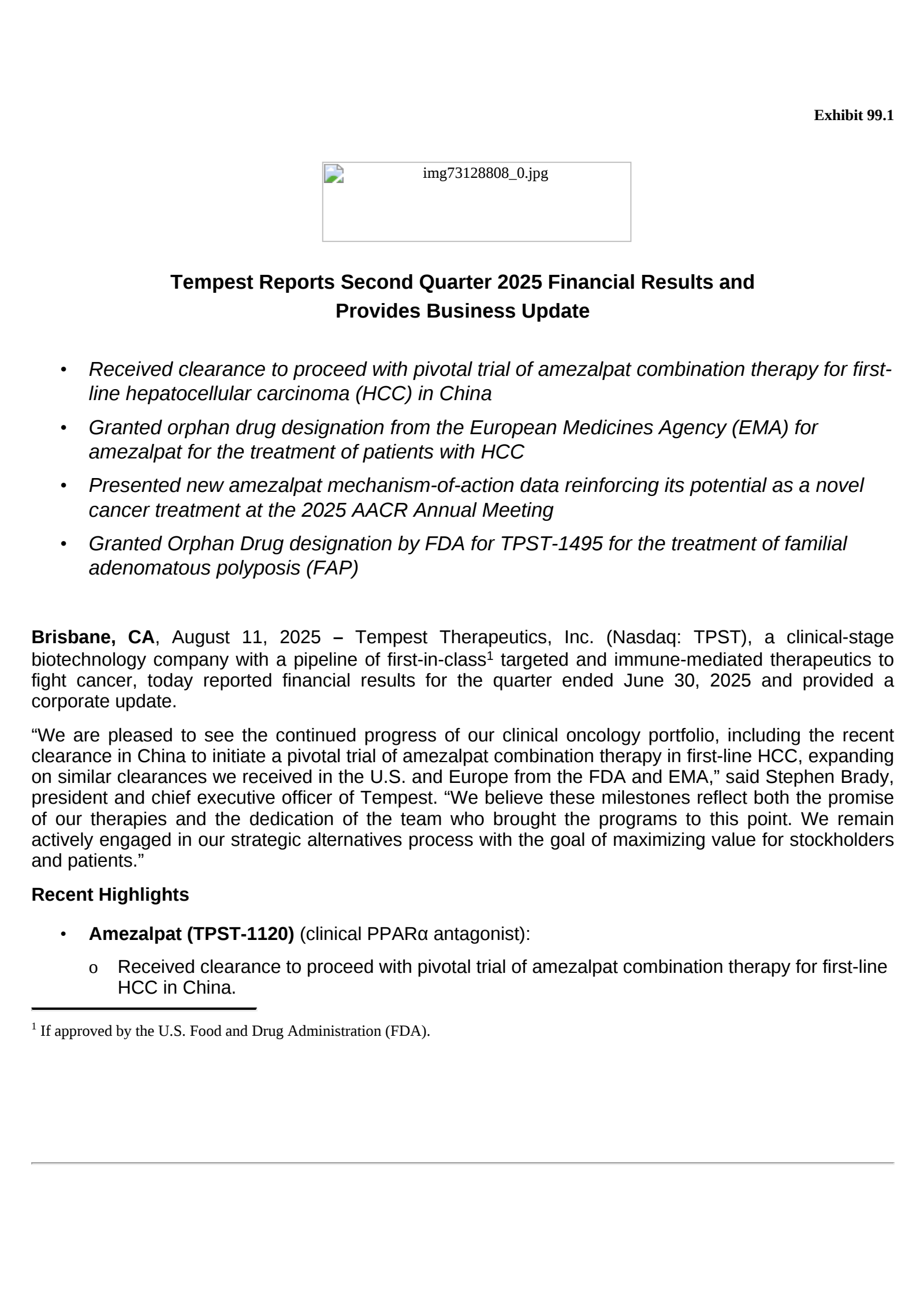 Tempest Therapeutics' Q2 2025 Press Release