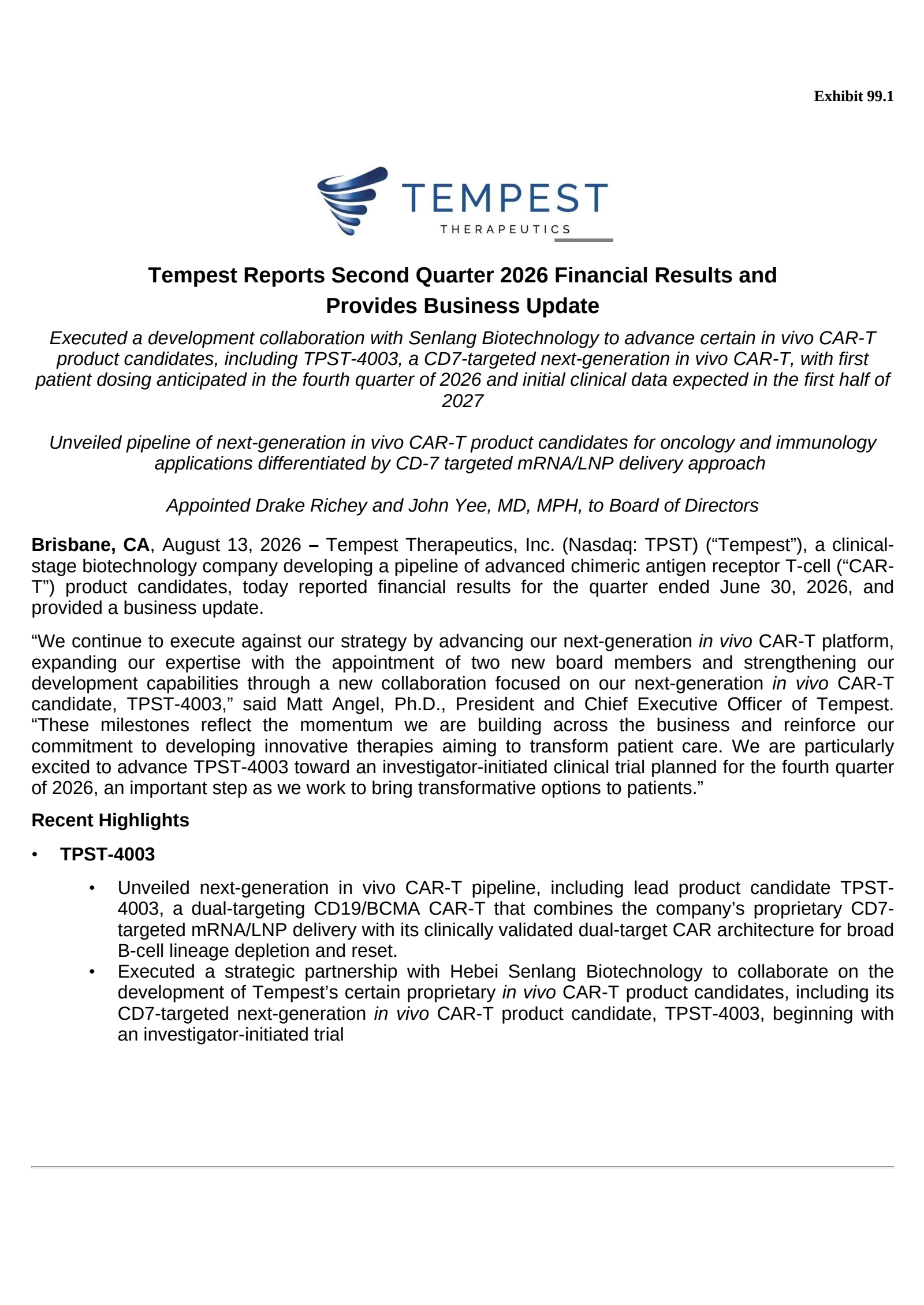Tempest Therapeutics' Q2 2026 Press Release