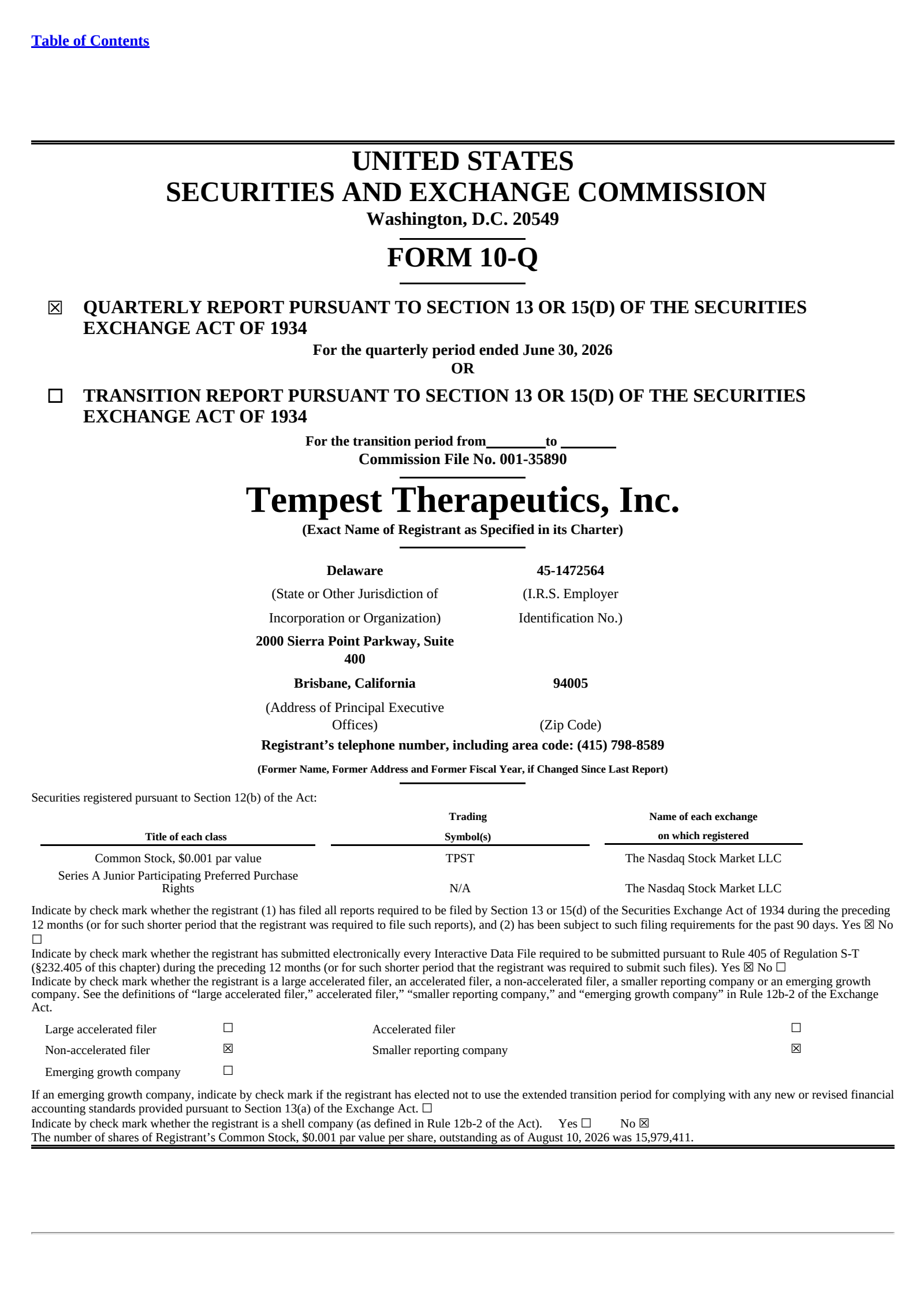 Tempest Therapeutics' Q2 2026 Quarterly report