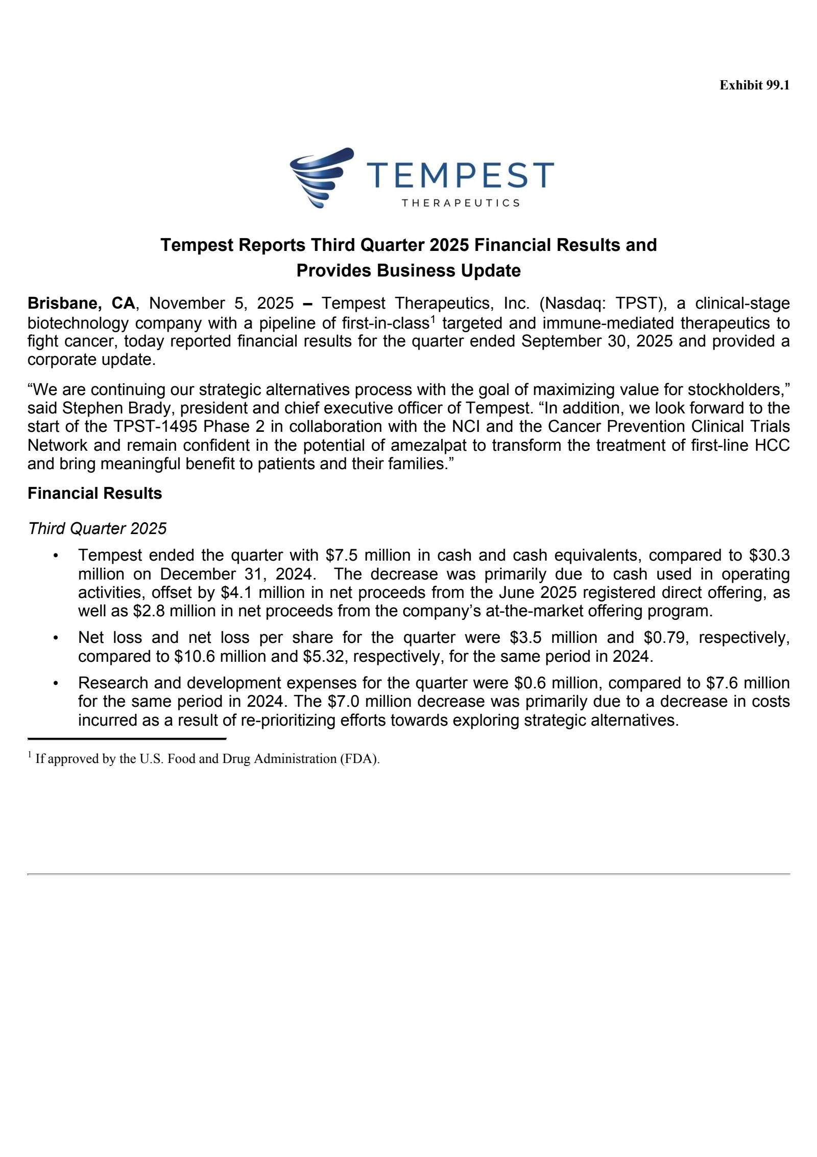 Tempest Therapeutics' Q3 2025 Earnings Release
