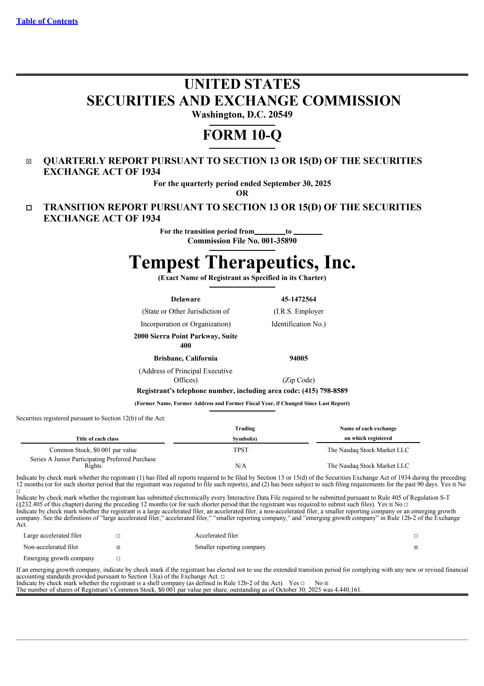 Tempest Therapeutics' Q3 2025 Quarterly Report