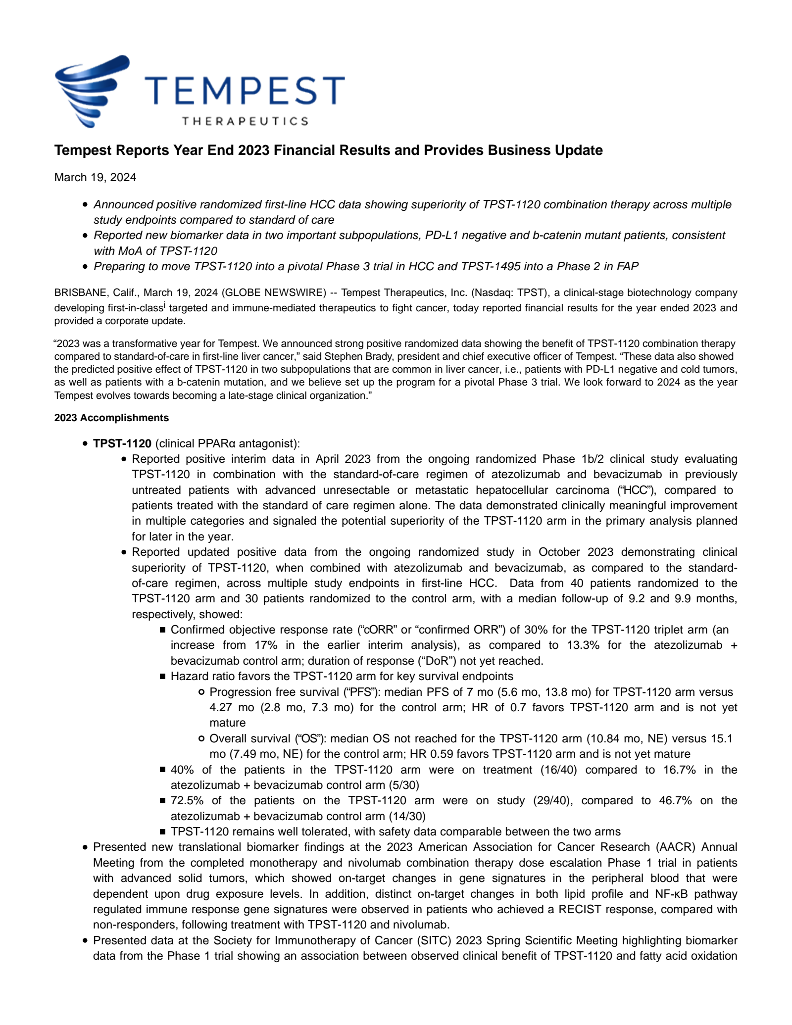 Tempest Therapeutics' Q4 2023 Press Release