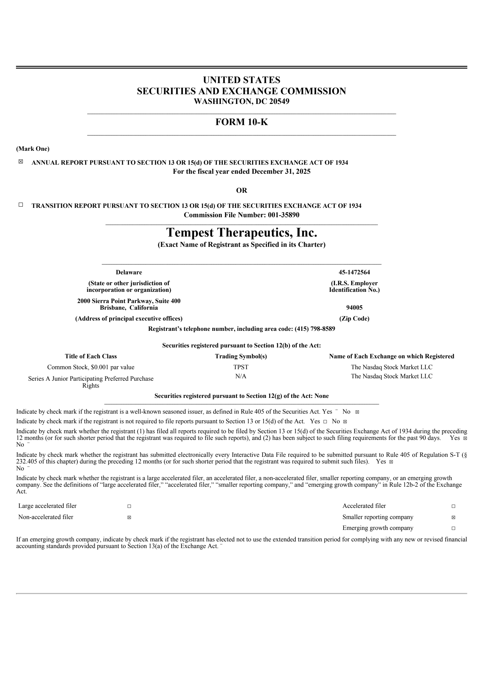 Tempest Therapeutics' Q4 2025 Annual report
