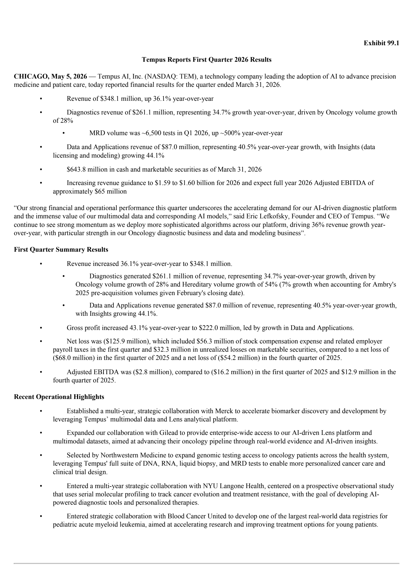 Tempus AI's Q1 2026 Press Release