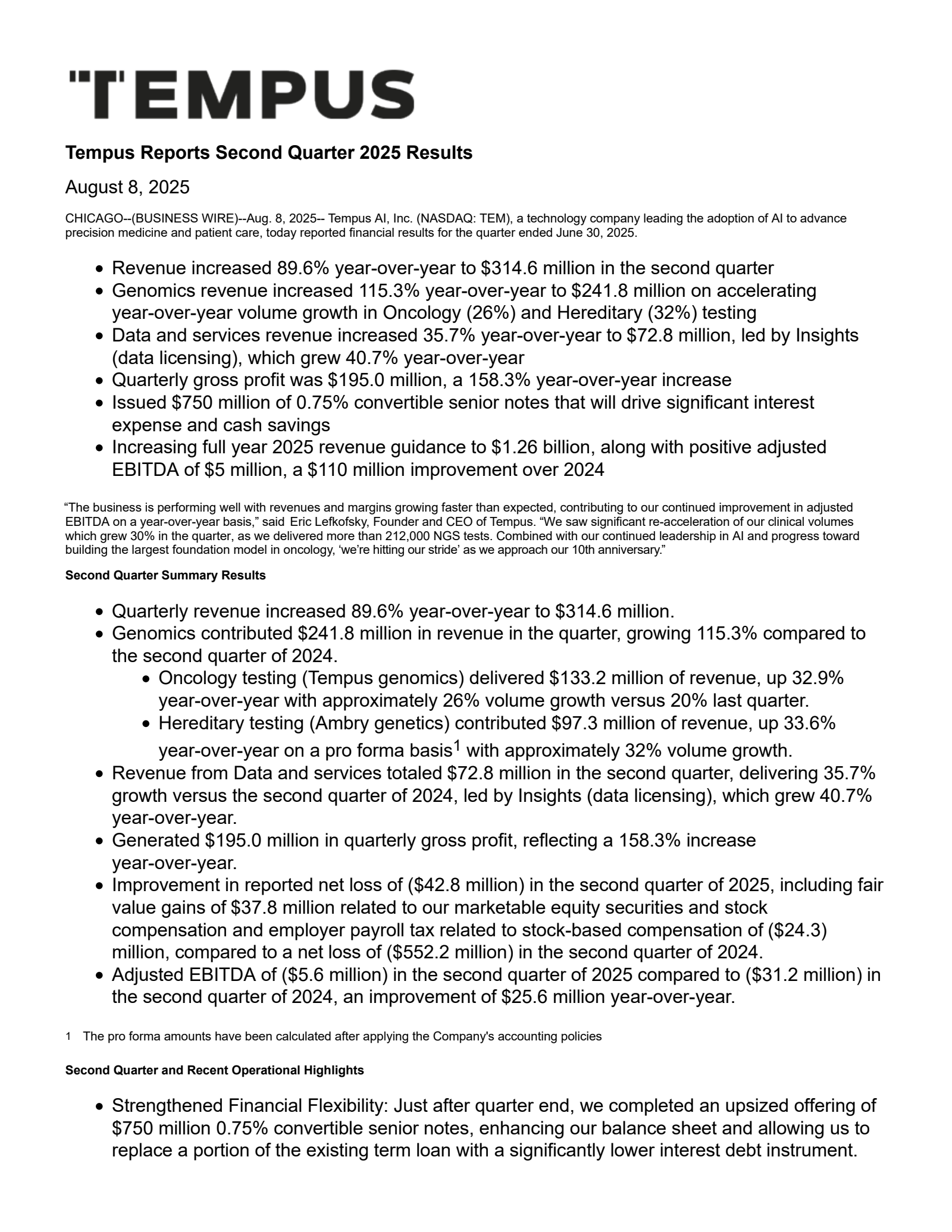 Tempus AI's Q2 2025 Press Release