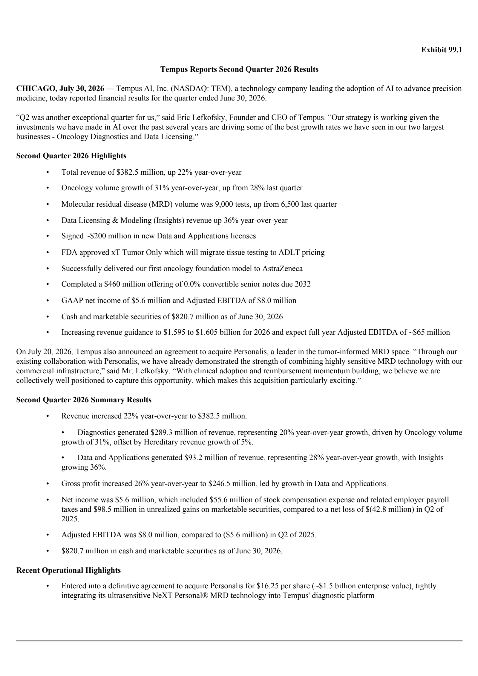Tempus AI's Q2 2026 Press Release