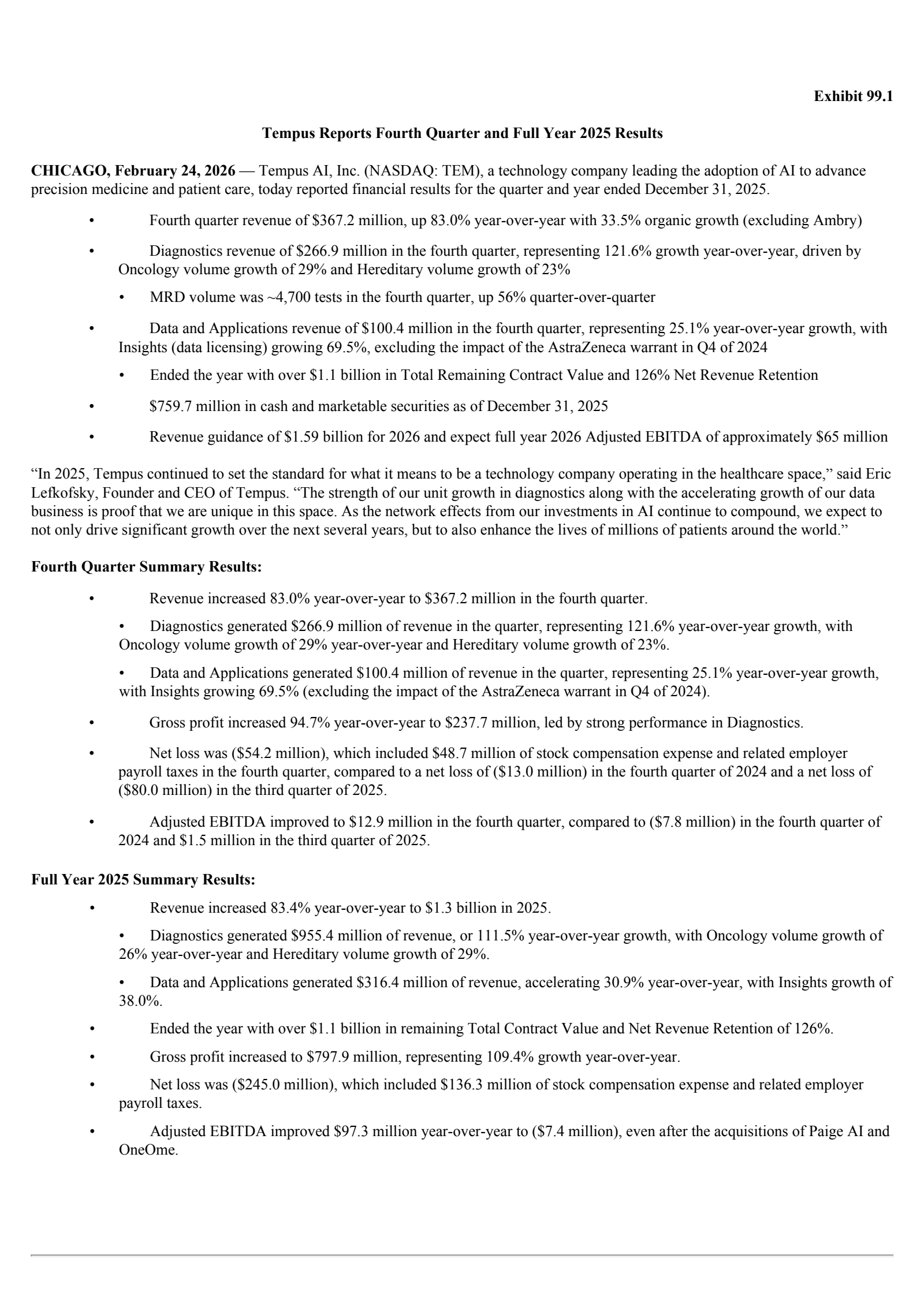 Tempus AI's Q4 2025 Press Release
