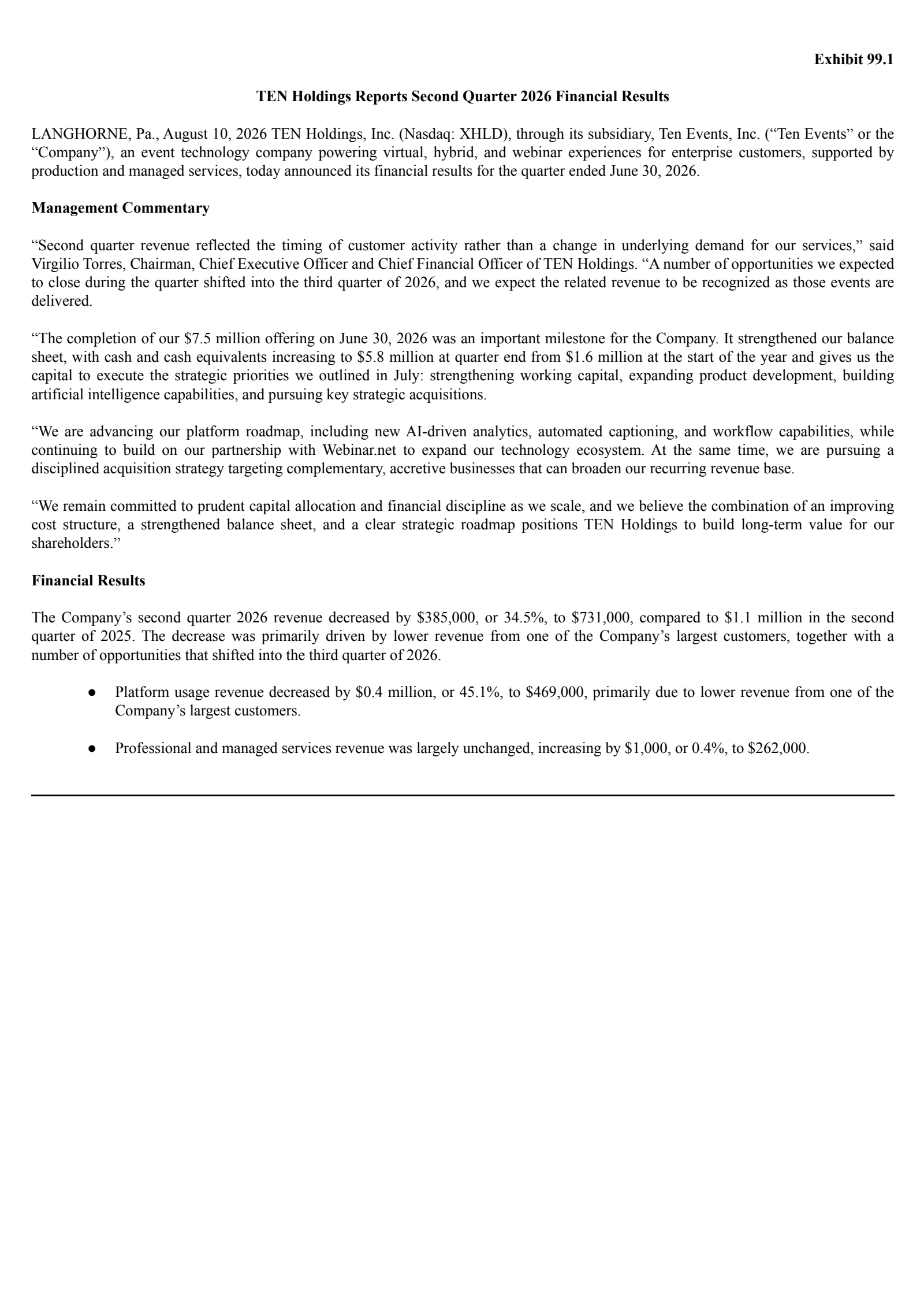 TEN's Q2 2026 Press Release