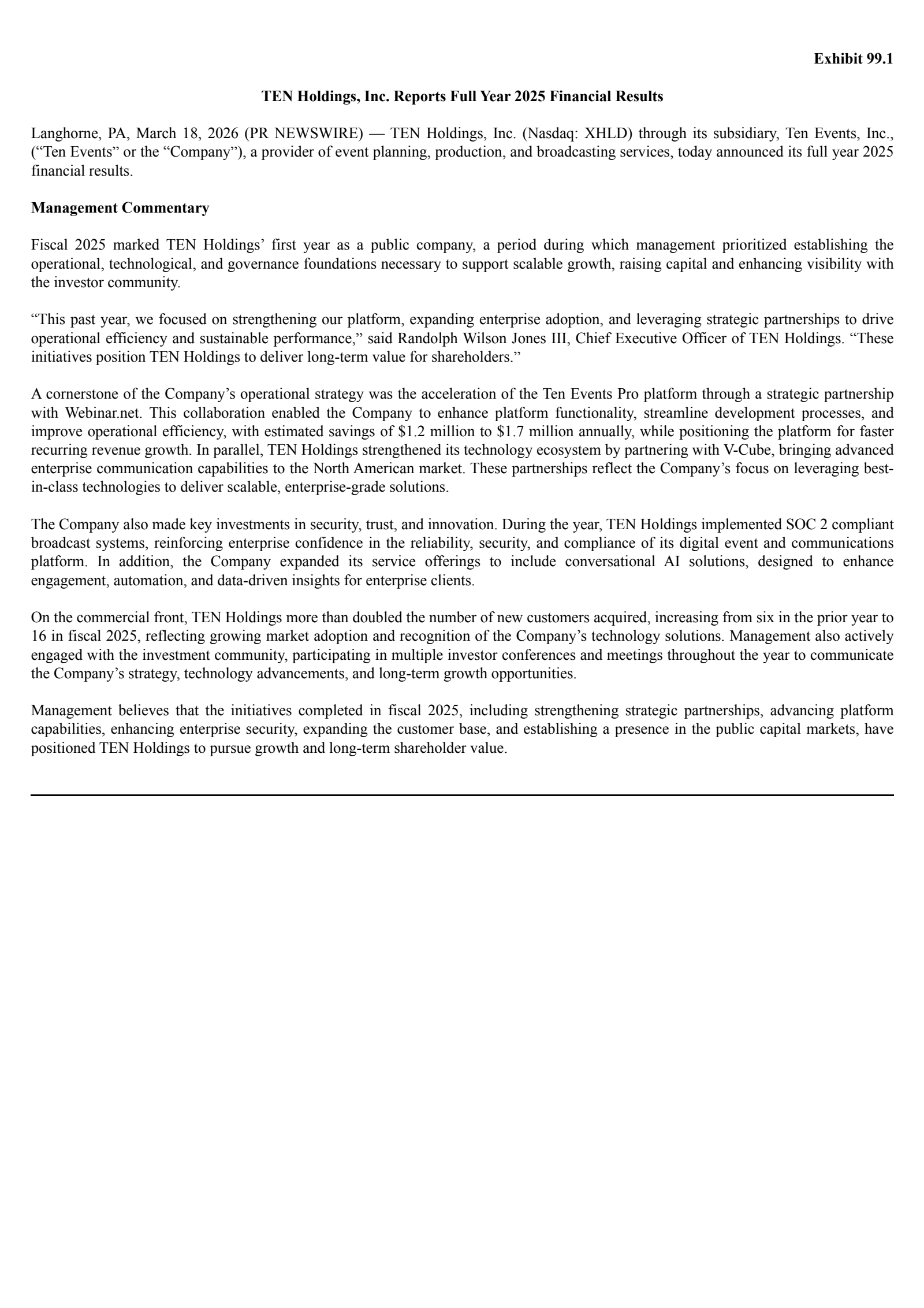 TEN's Q4 2025 Press Release