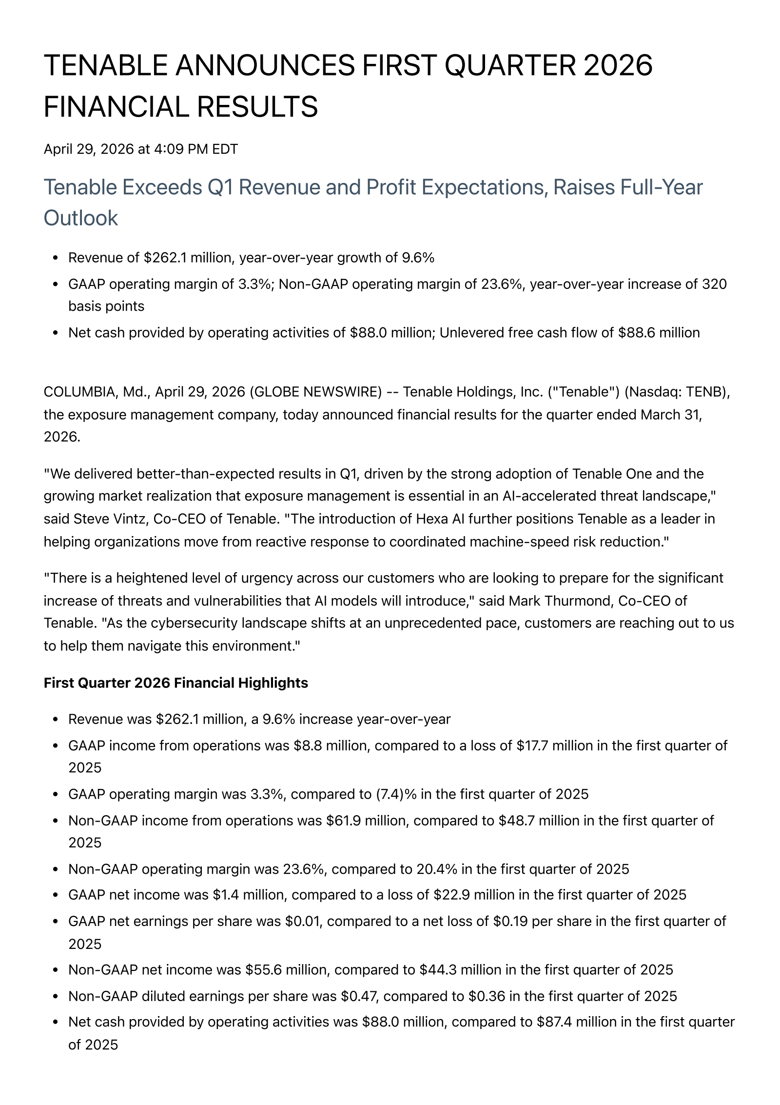 Tenable's Q1 2026 Press Release