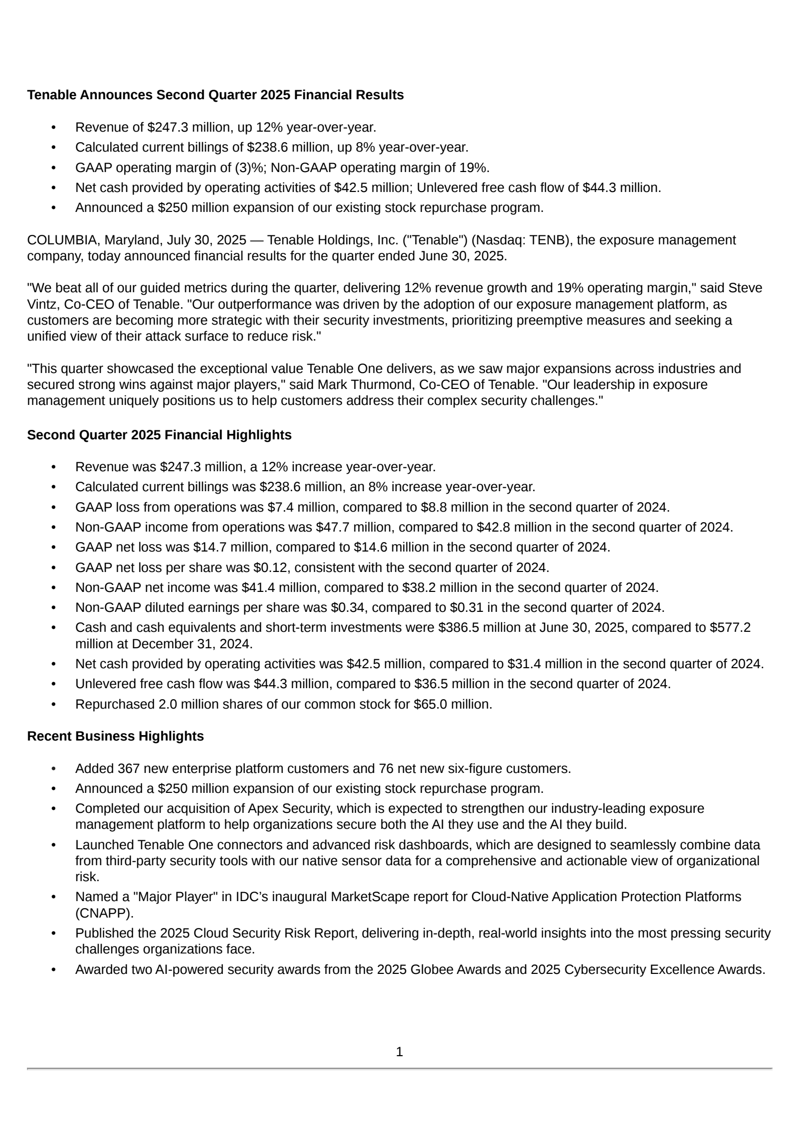 Tenable's Q2 2025 Press Release