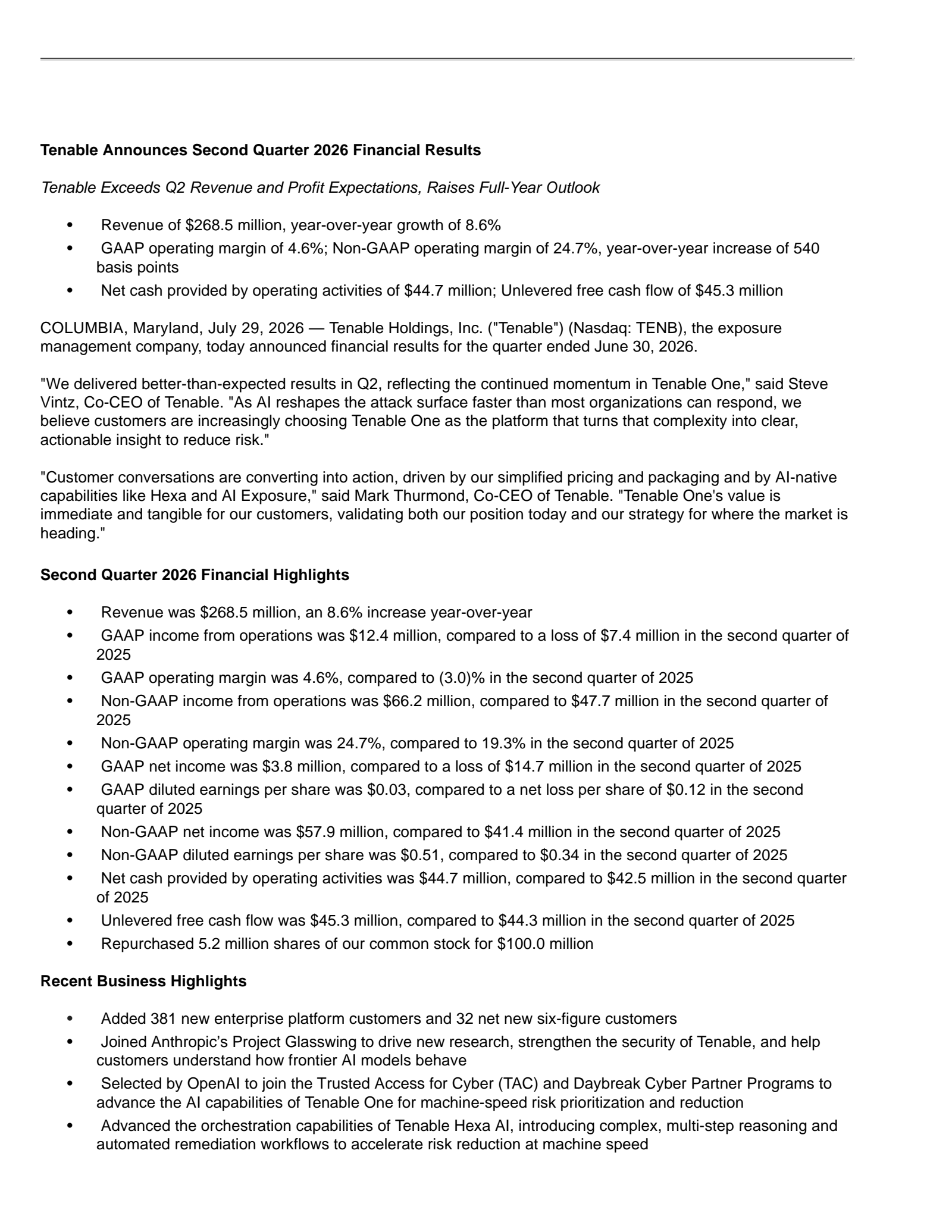 Tenable's Q2 2026 Press Release