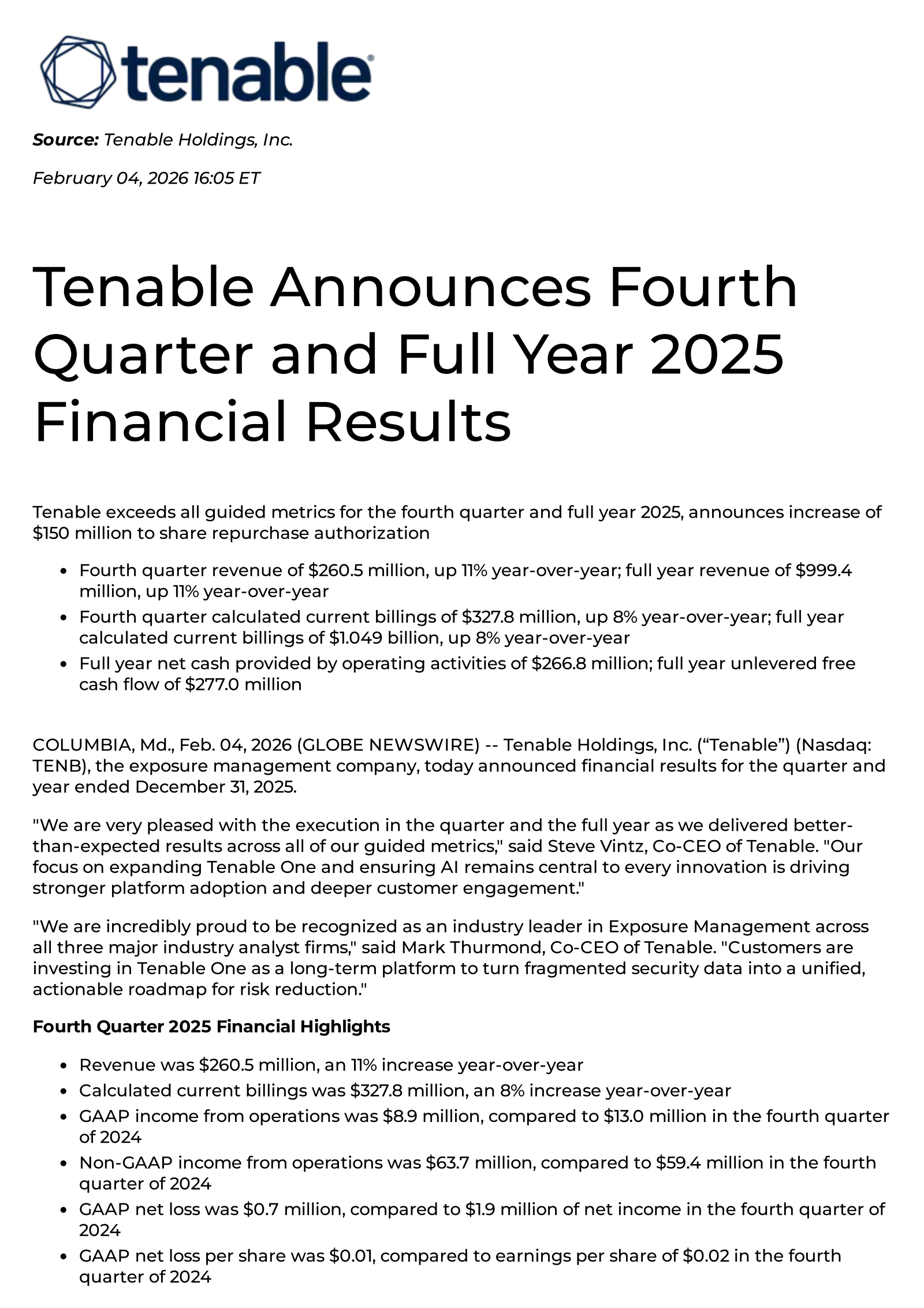 Tenable's Q4 2025 Press Release