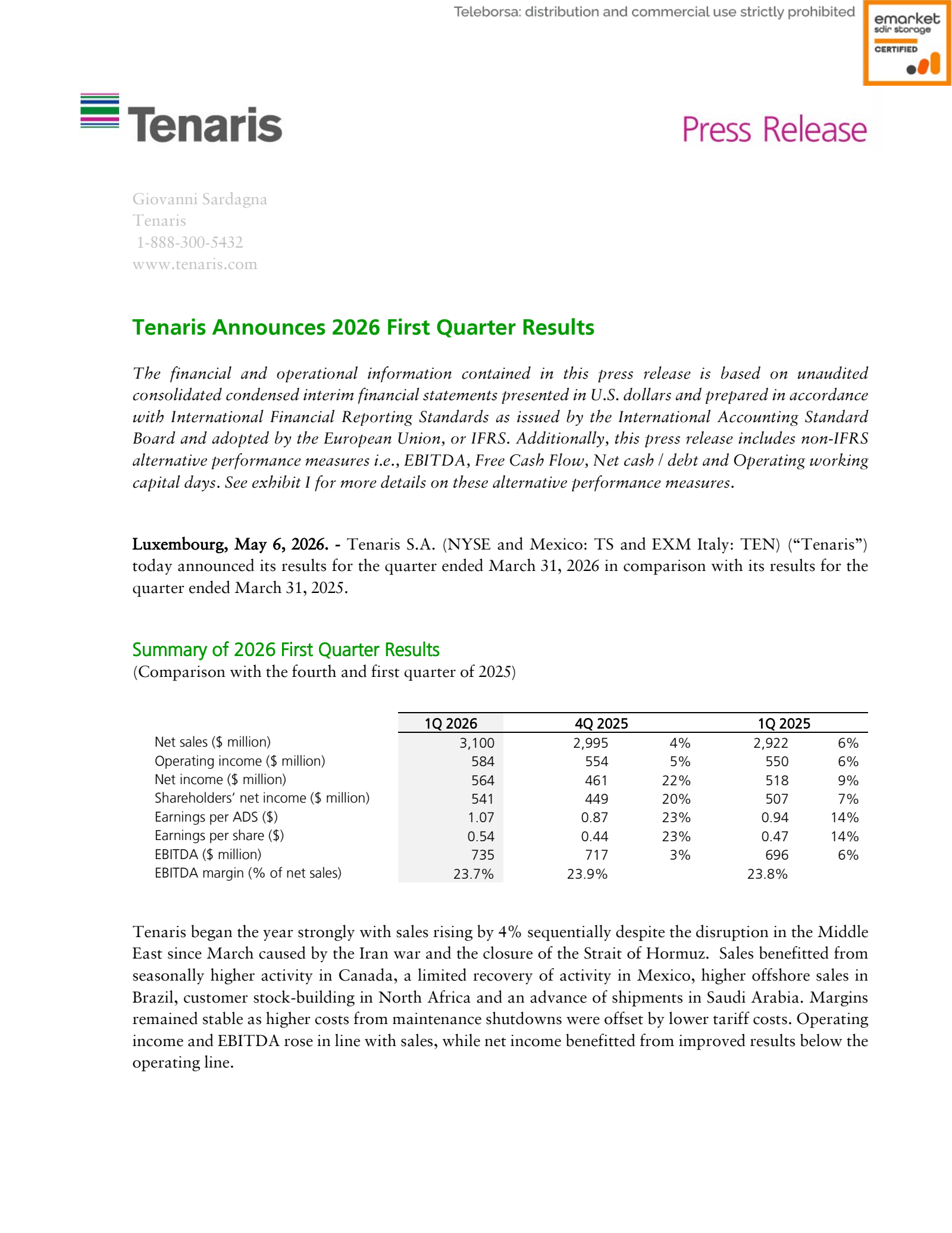 Tenaris' Q1 2026 Press Release