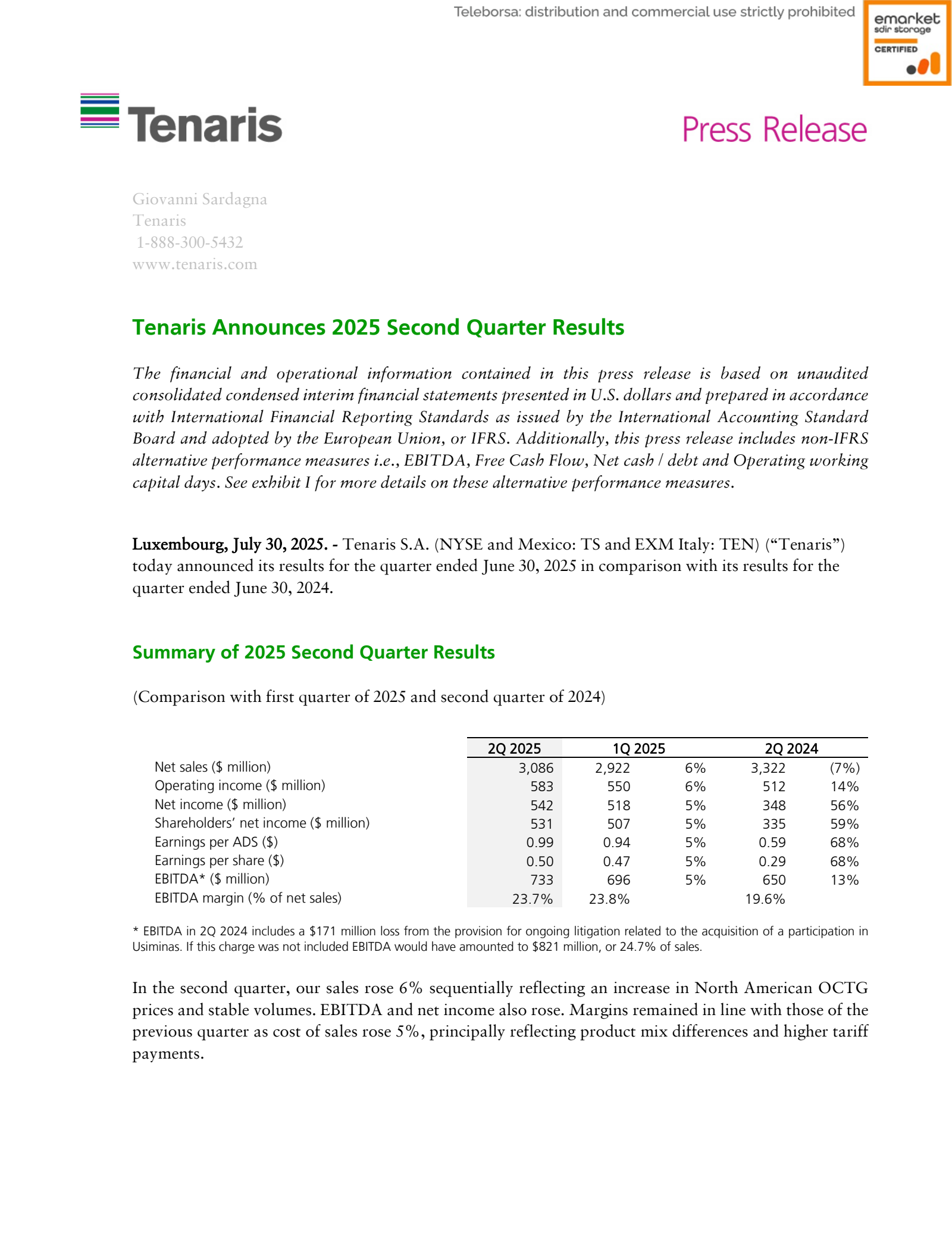Tenaris' Q2 2025 Press Release