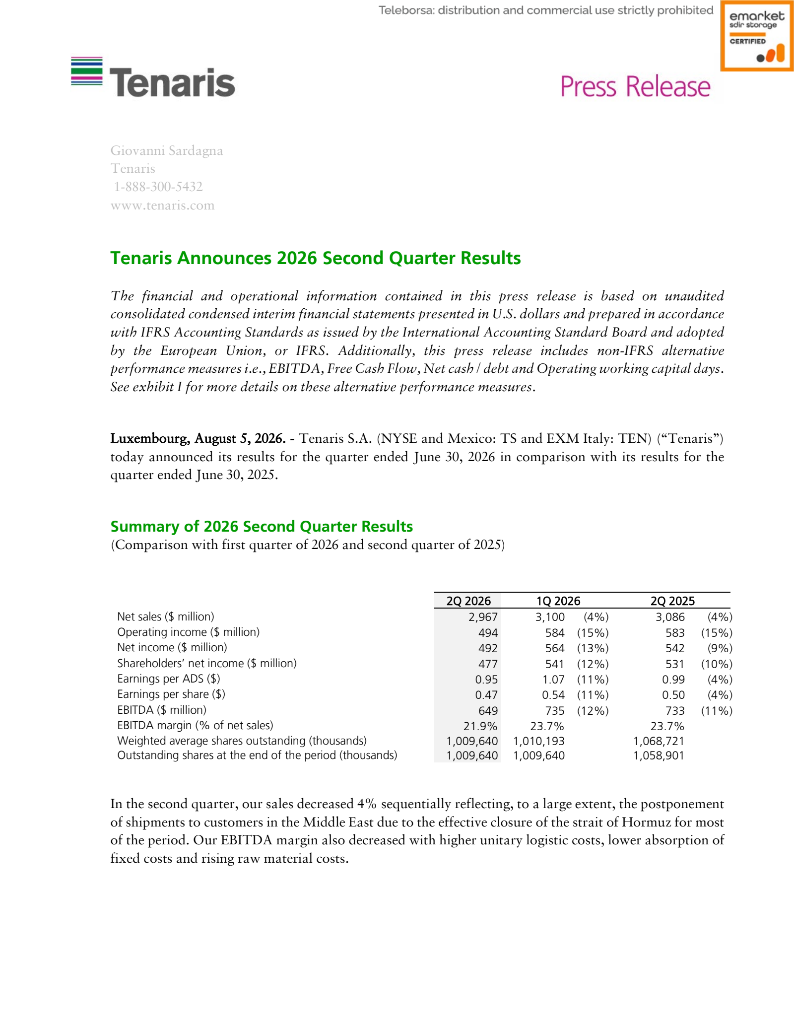 Tenaris' Q2 2026 Press Release