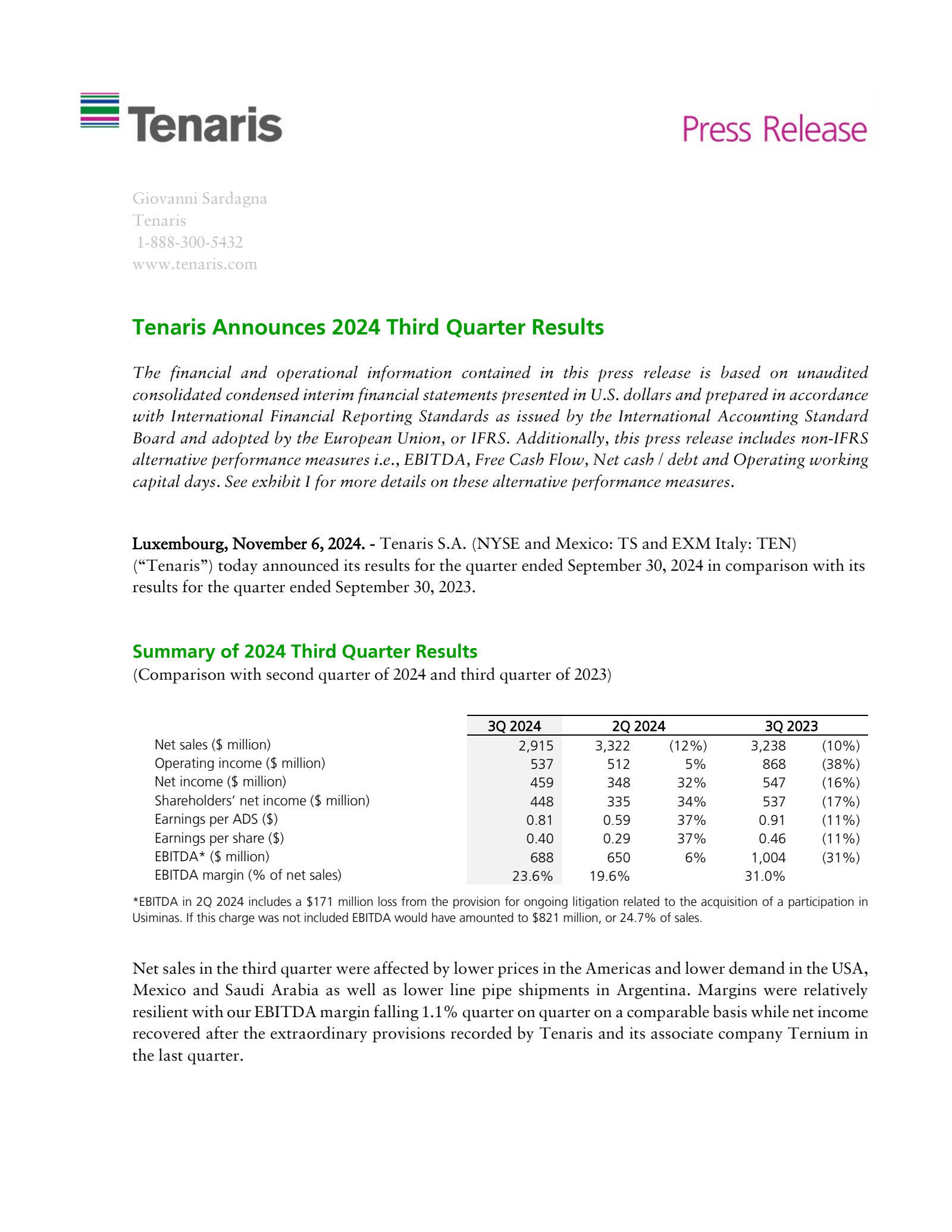 Tenaris' Q3 2024 Press Release